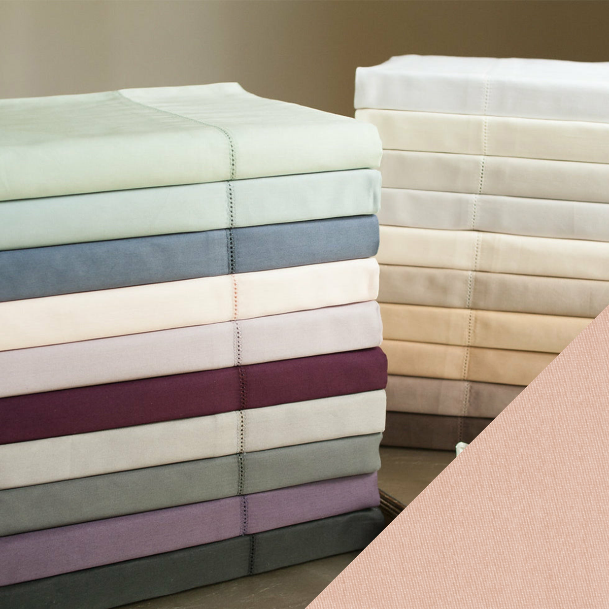 Stack of Home Treasures Royal Sateen Bedding with Blush Color Swatch