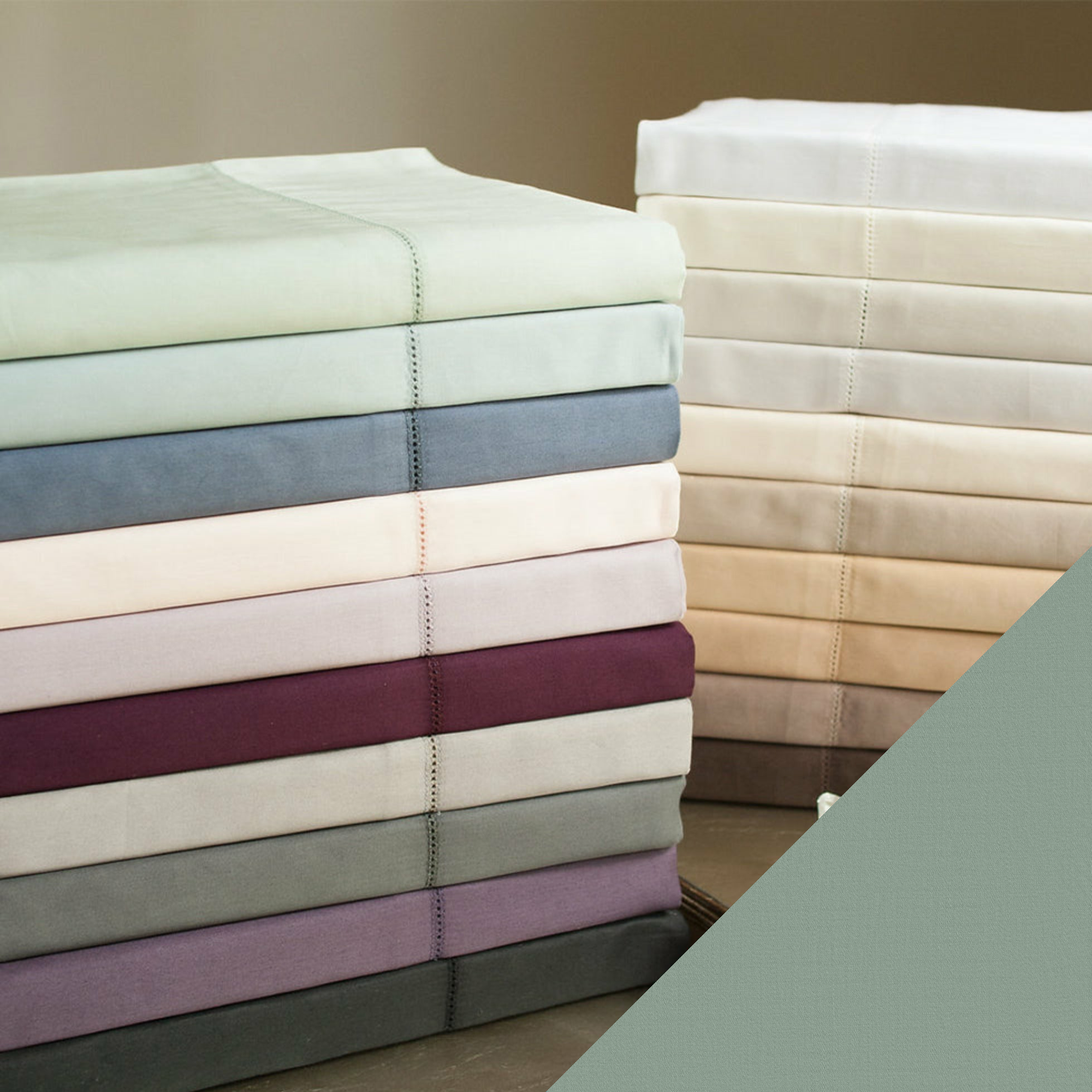 Stack of Home Treasures Royal Sateen Bedding with Irish Winter Color Swatch