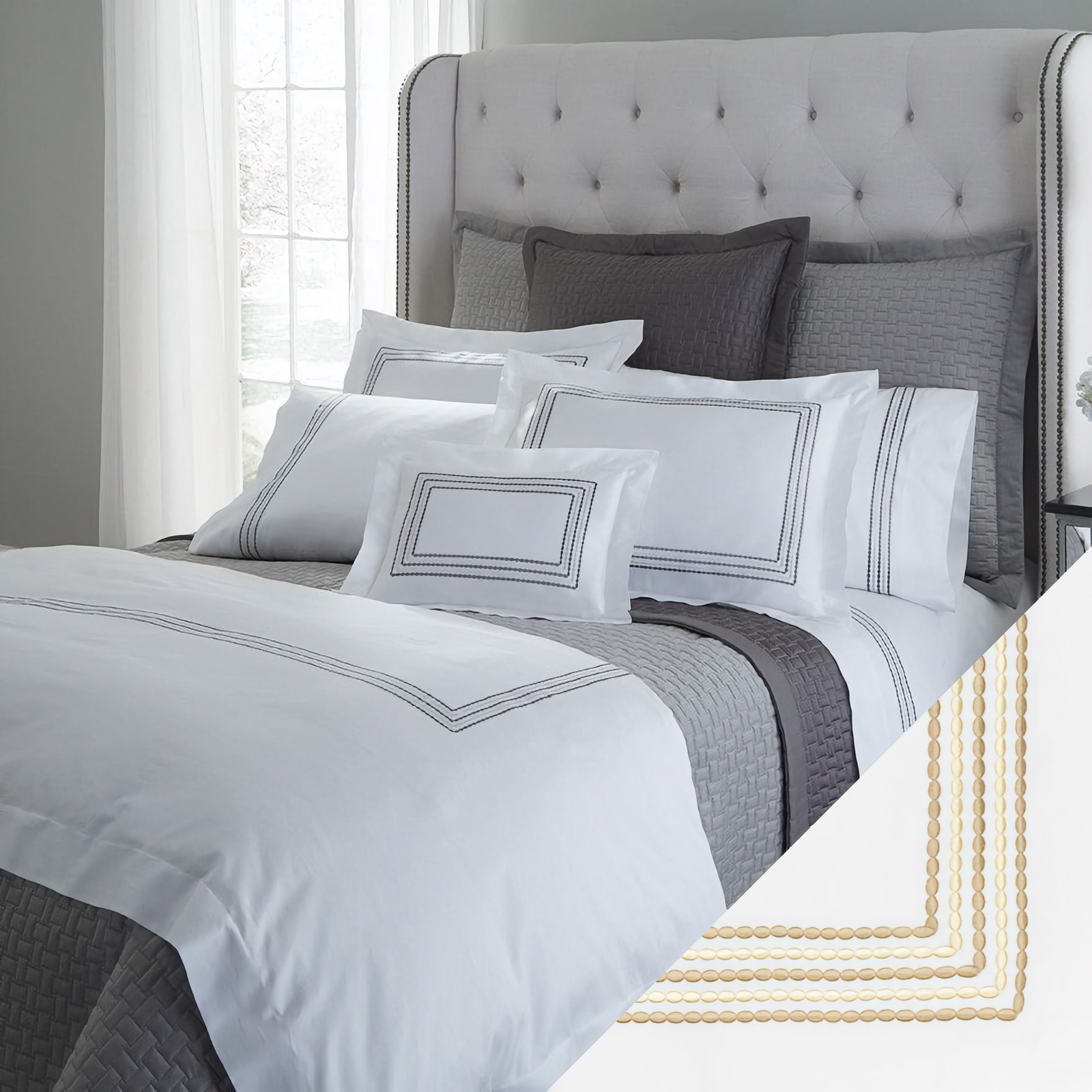 Lifestyle Image of Home Treasures Stella Bedding with Caramel Swatch