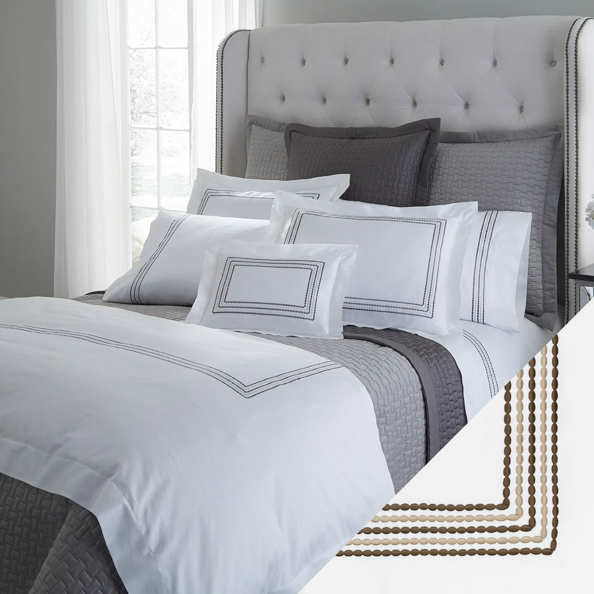 Lifestyle Image of Home Treasures Stella Bedding with Natural Charcoal Swatch