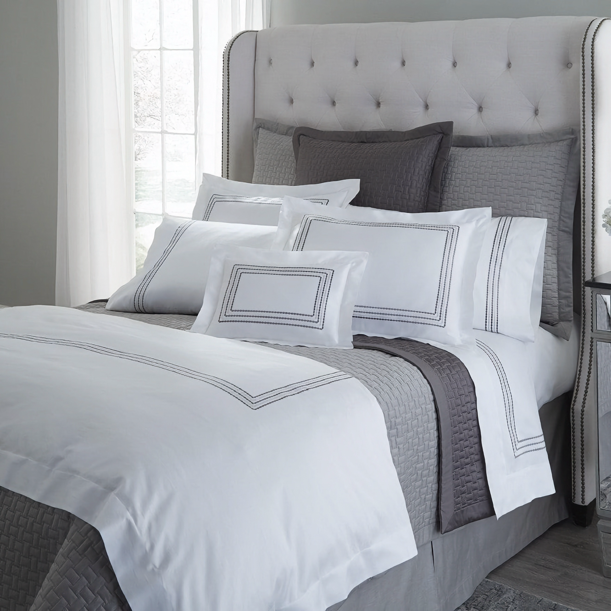 Lifestyle Image of Home Treasures Stella Bedding with Slate Gray Swatch