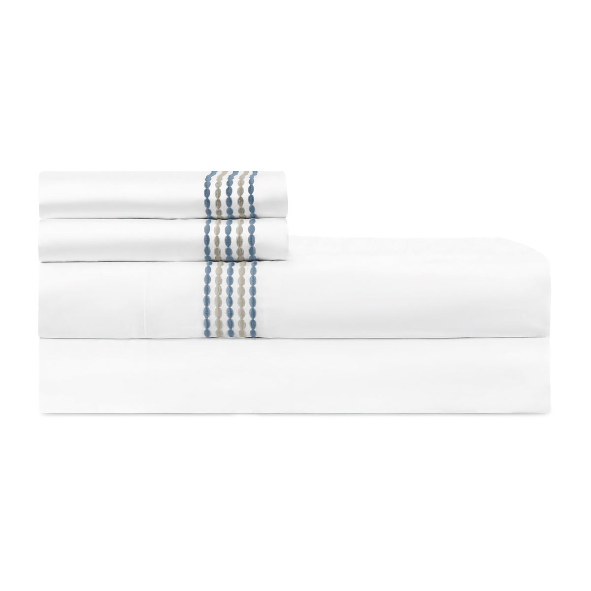 Folded Sheeting Stack of Home Treasures Stella Bedding with Sky Blue Embroidery