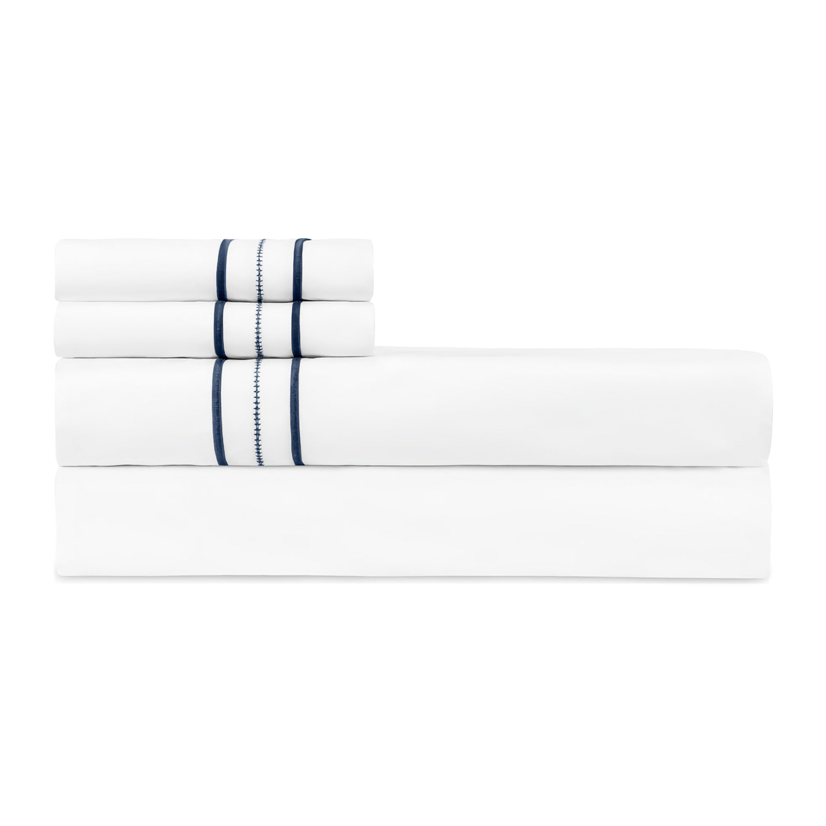 Folded Sheeting of Home Treasures Triad Bedding in White/Navy Blue Color