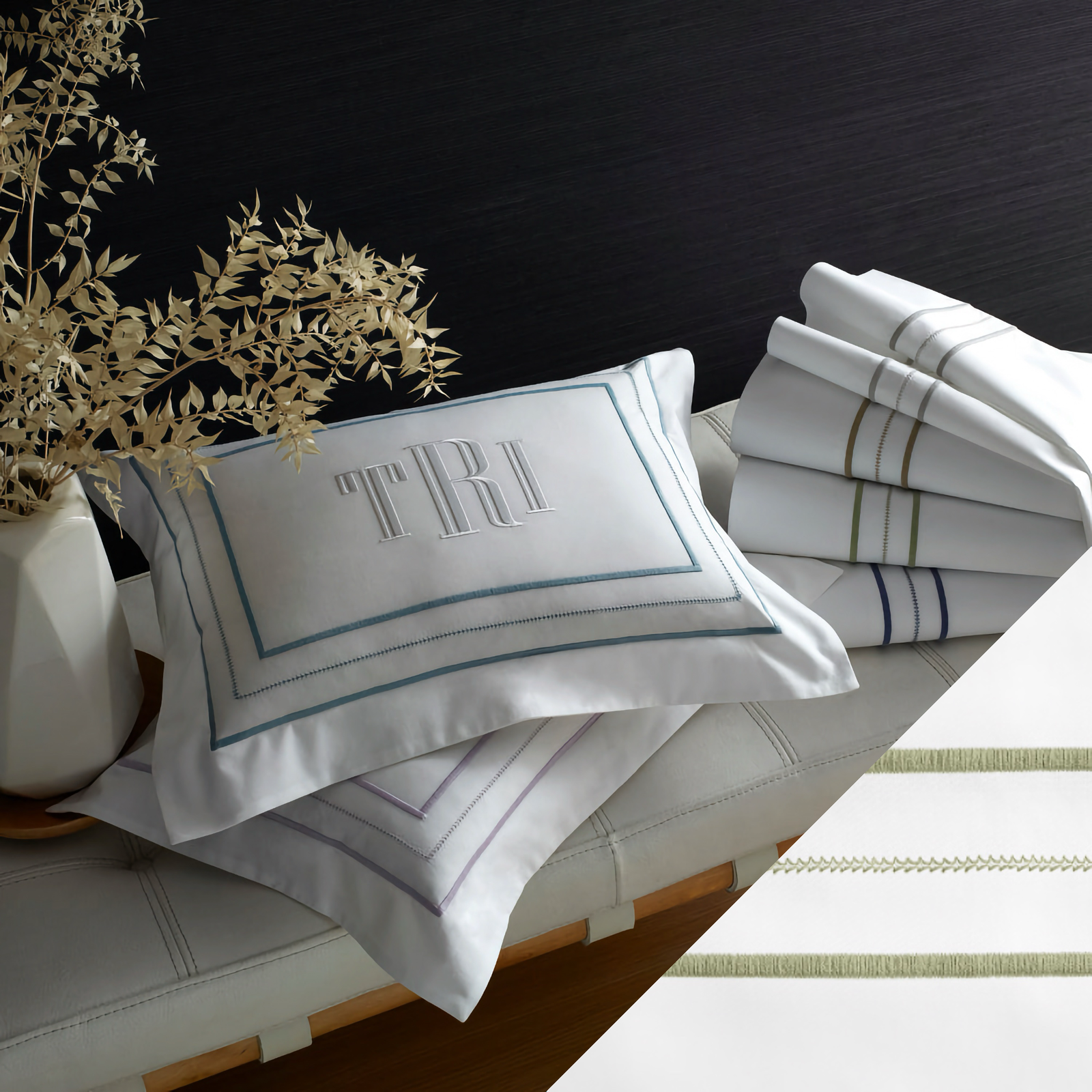 Lifestyle Image of Home Treasures Triad Bedding with White/Piana Swatch