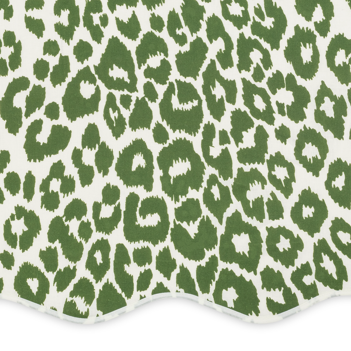 Closeup of Matouk Schumacher Iconic Leopard Shower Curtain in Green