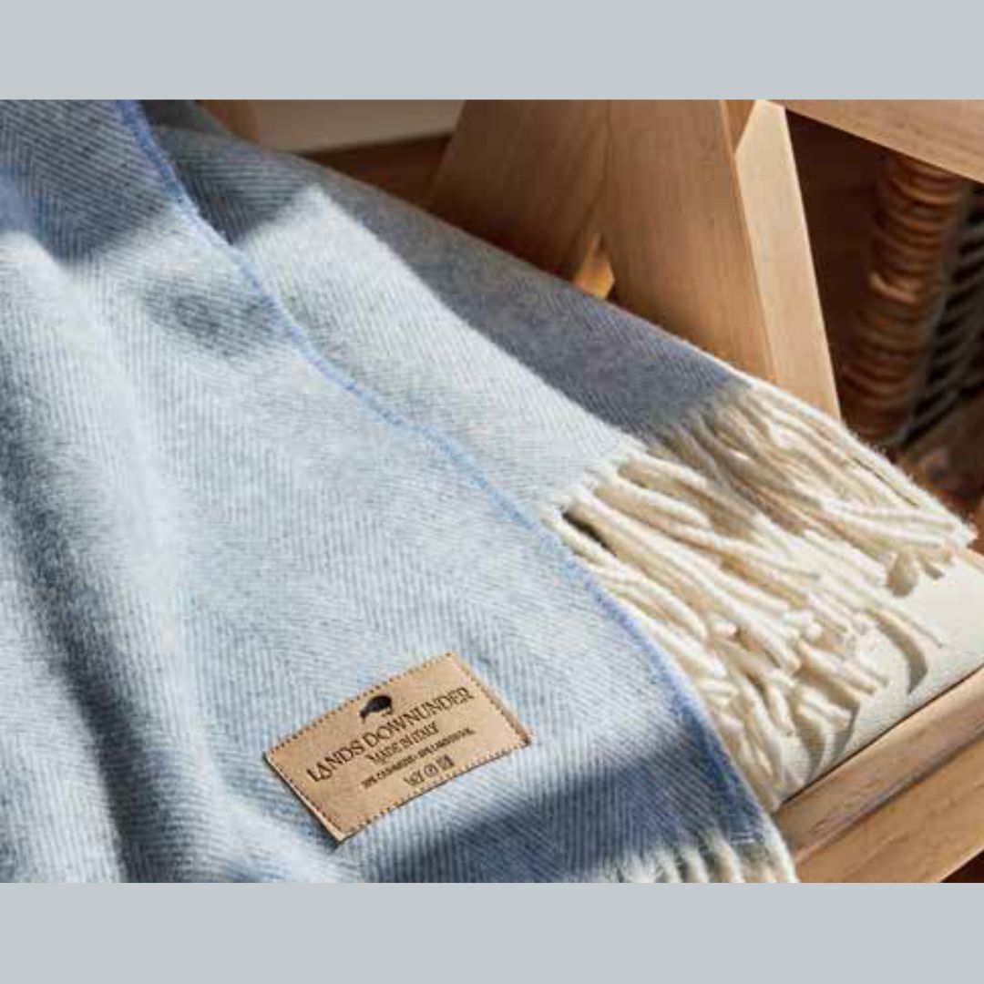 Close up of Lands Downunder Herringbone Cashmere Throw in Sky Blue