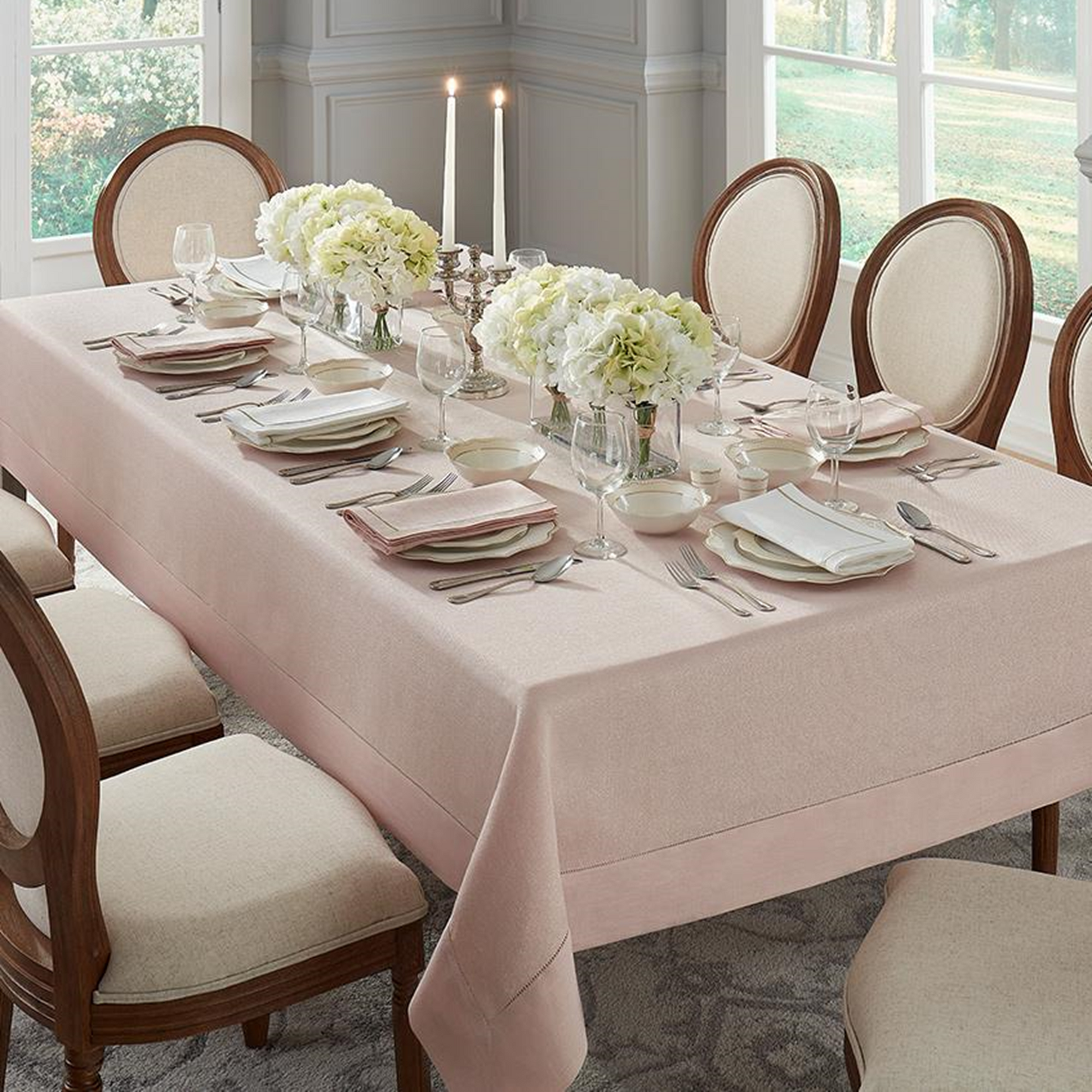 Lifestyle Image of Sferra Reece Table Linens in Petal/Gold Color