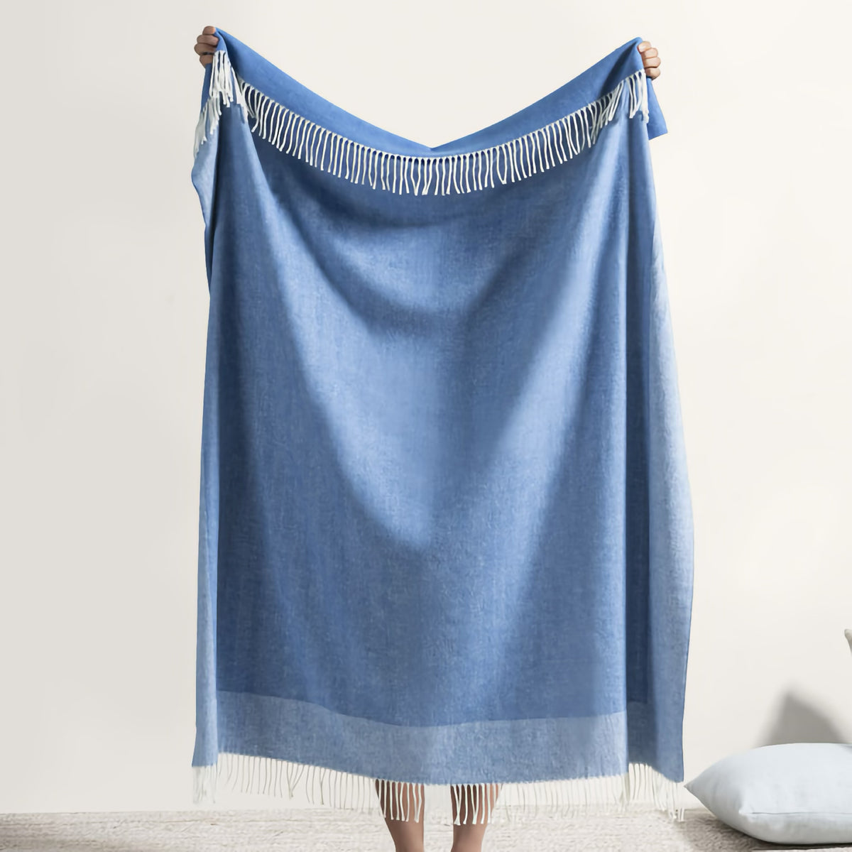 Reverse side of Lands Downunder Border Herringbone Throw in Azure color