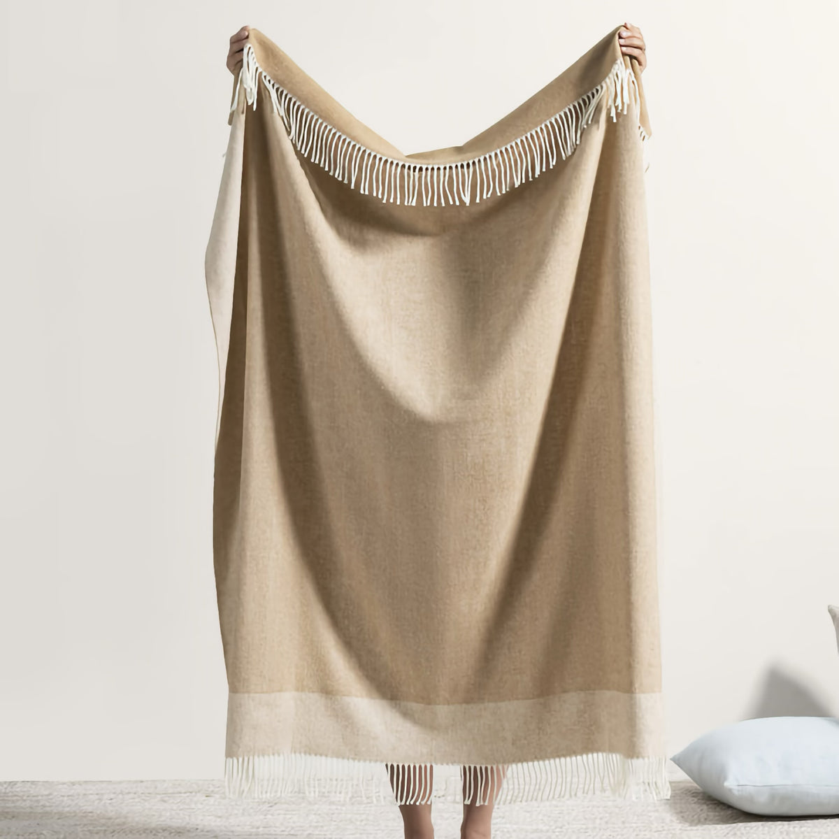 Reverse side of Lands Downunder Border Herringbone Throw in Caramel color