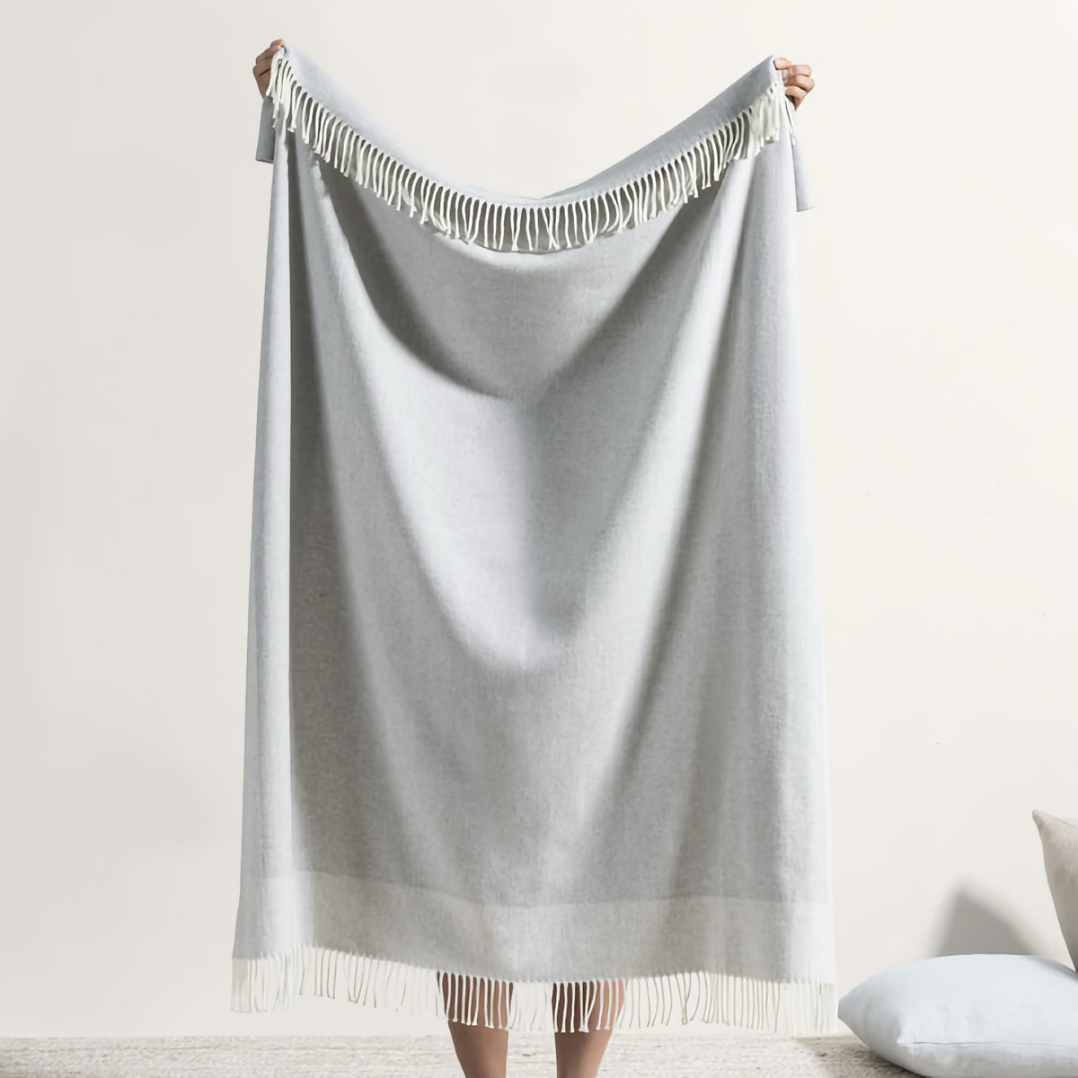 Reverse side of Lands Downunder Border Herringbone Throw in Light Gray color