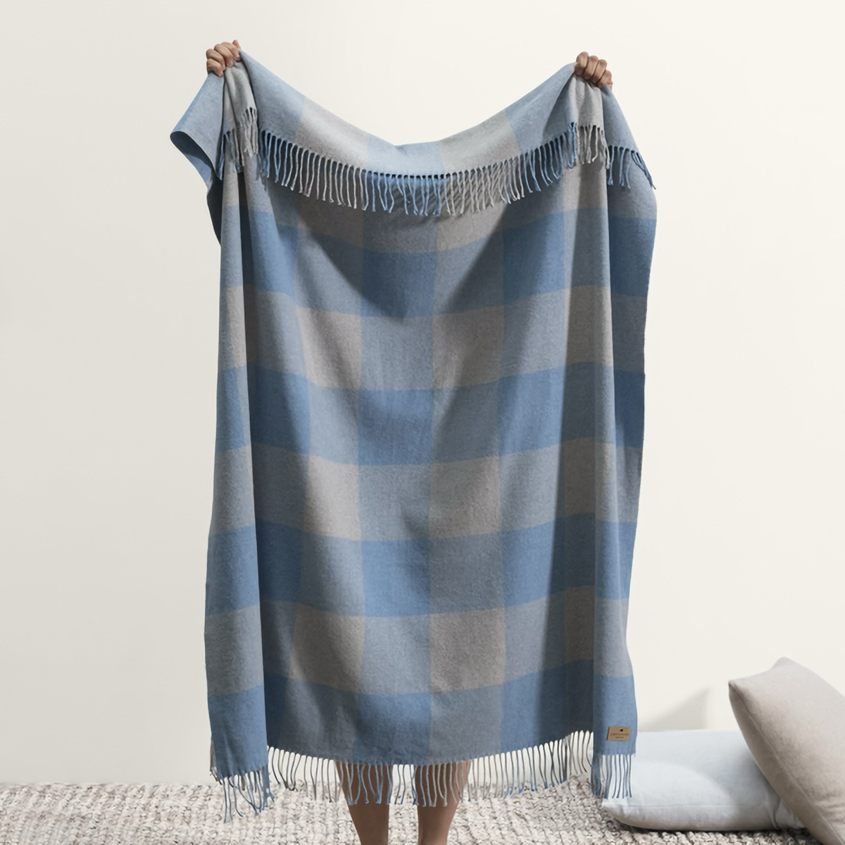 Hanging Lands Downunder Buffalo Check Throw in Denim and Light Gray Color