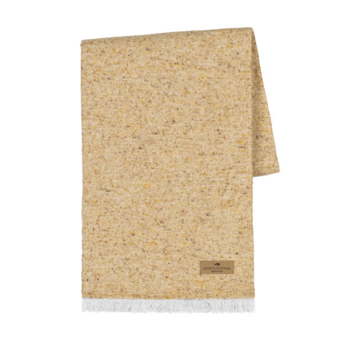 A folded Lands Downunder Cinder Mist Throw in Gold color with a speckled pattern and white fringed ends