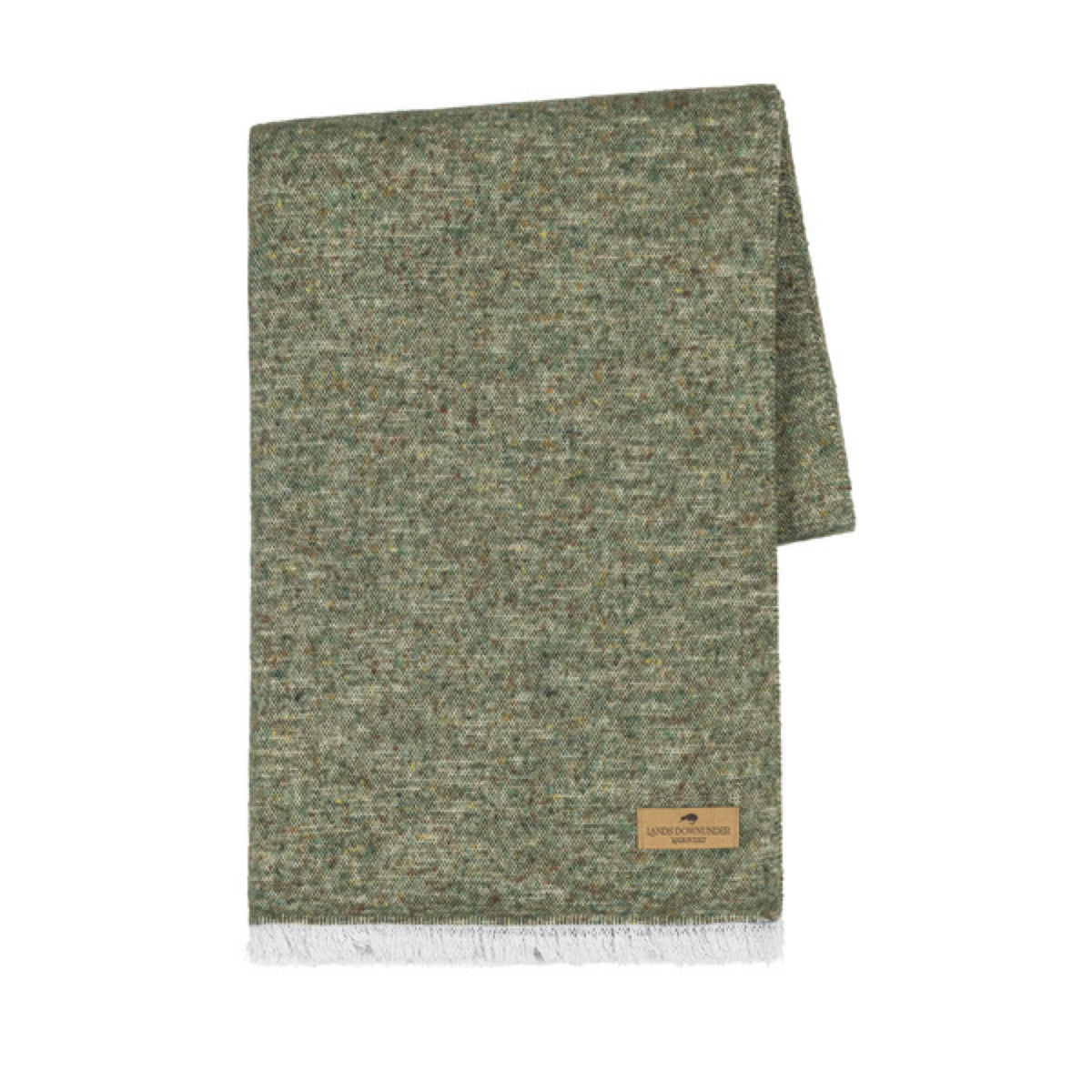 A folded Lands Downunder Cinder Mist Throw in Olive color with a speckled pattern and white fringed ends
