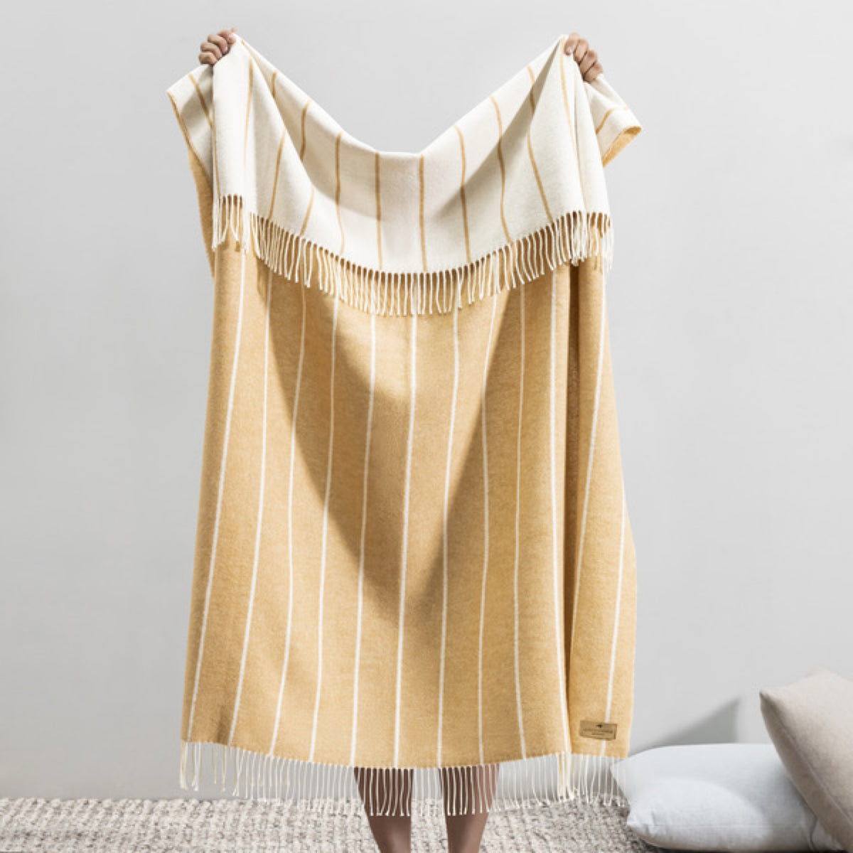 Person holding up a Biscotti Lands Downunder Fiji Stripe Throw, standing on a textured rug in a minimalist room