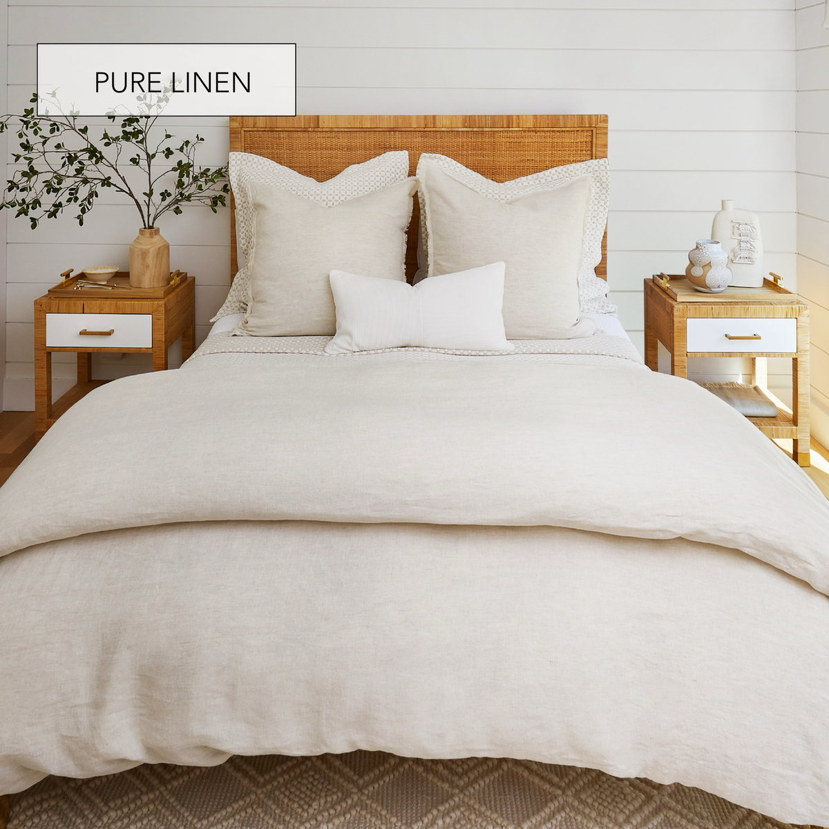 Lifestyle Shot of Lands Downunder Linen Duvet Covers and Shams in Natural Color