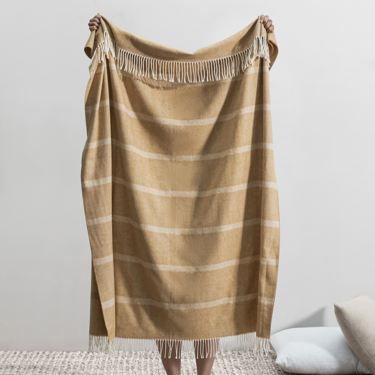 Reverse of Lands Downunder Montauk Stripe Herringbone Throws in Caramel Color