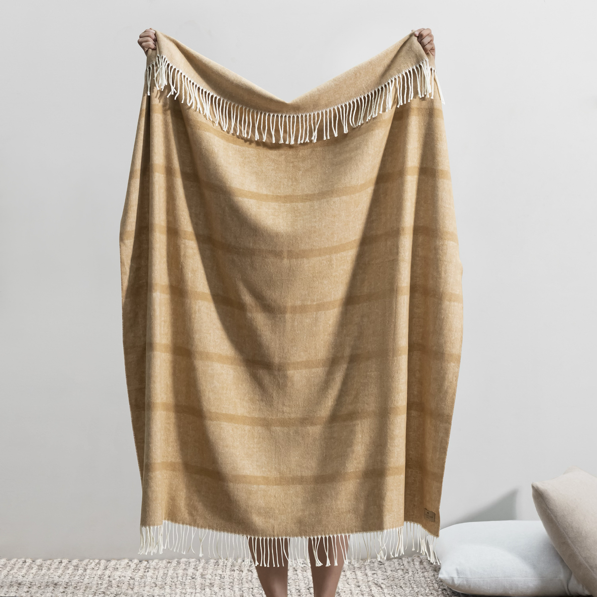 Hanging Lands Downunder Montauk Stripe Herringbone Throws in Caramel Color