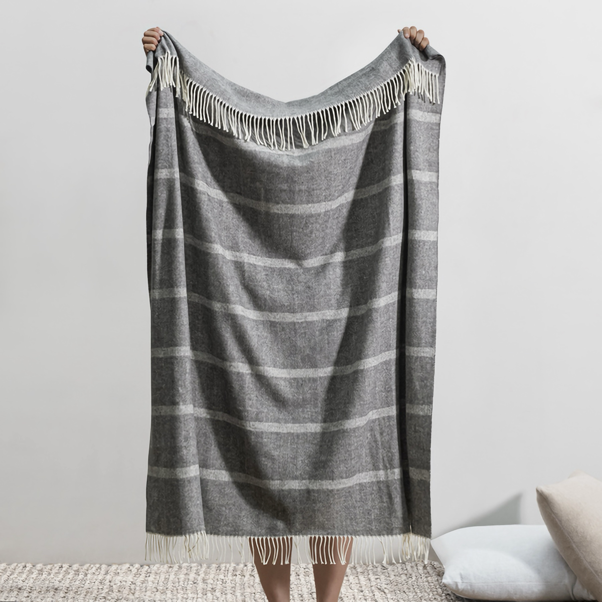 Reverse of Lands Downunder Montauk Stripe Herringbone Throws in Charcoal Color