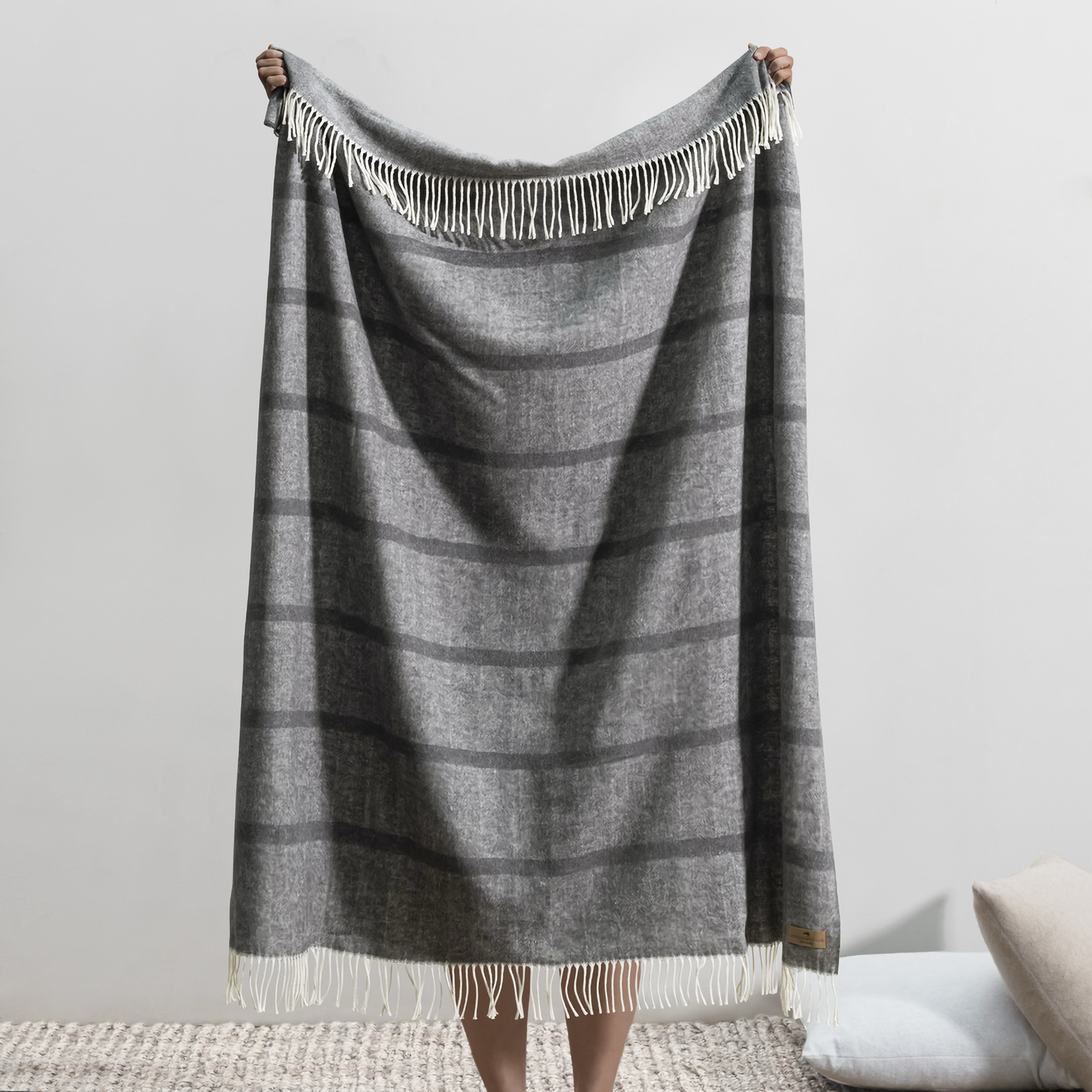 Draped Lands Downunder Montauk Stripe Herringbone Throws in Charcoal Color
