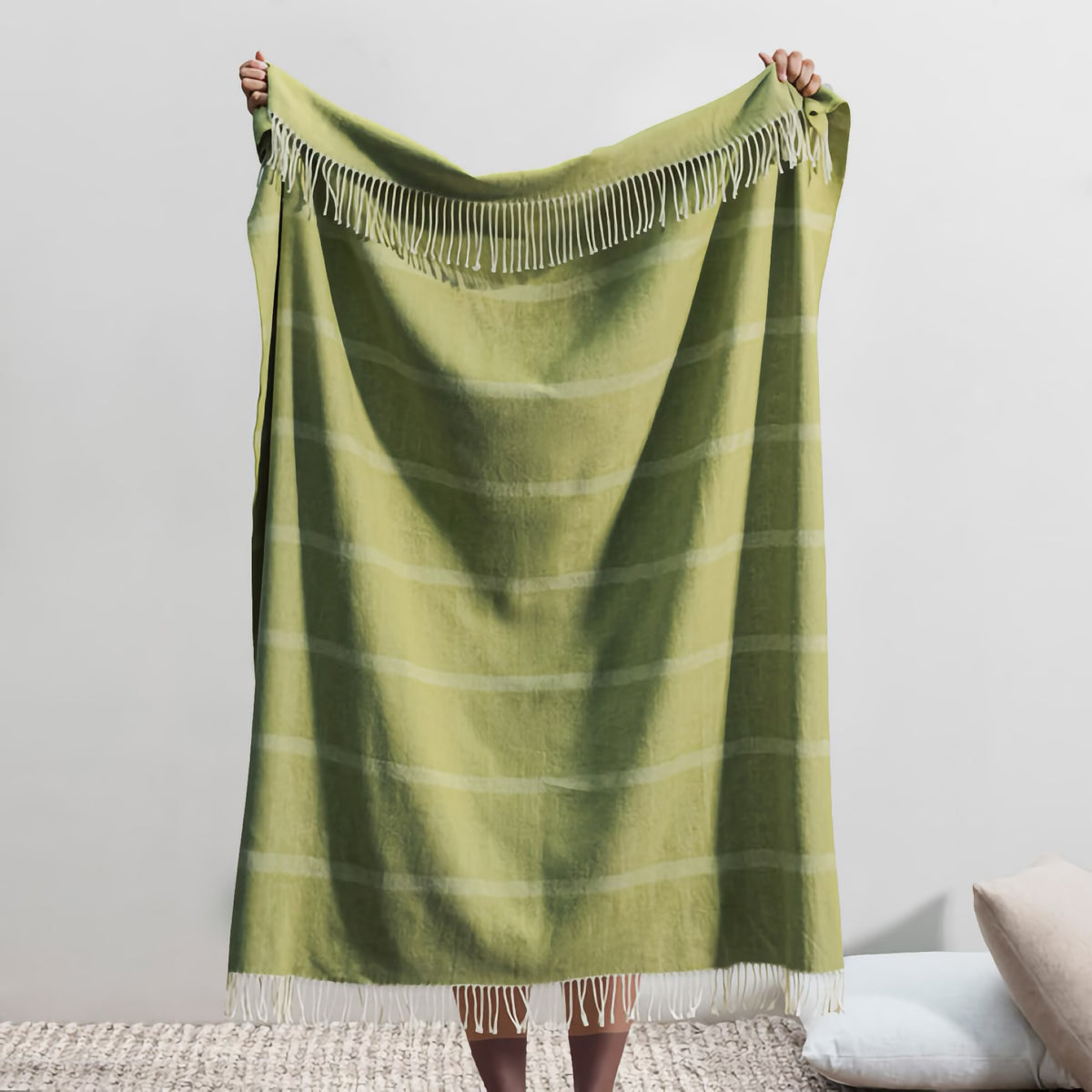 Reverse of Lands Downunder Montauk Stripe Herringbone Throws in Fern Color