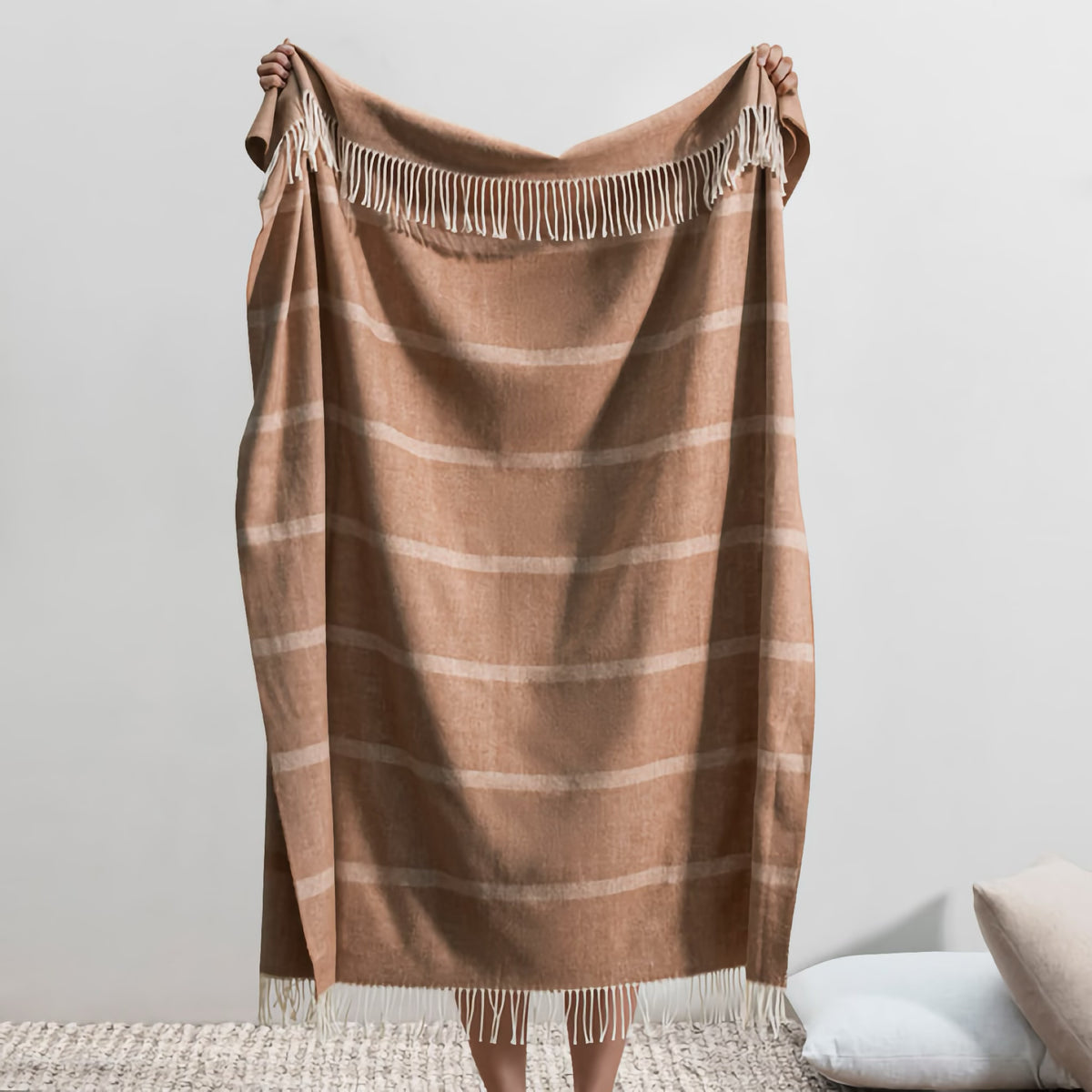 Reverse of Lands Downunder Montauk Stripe Herringbone Throws in Saddle Color
