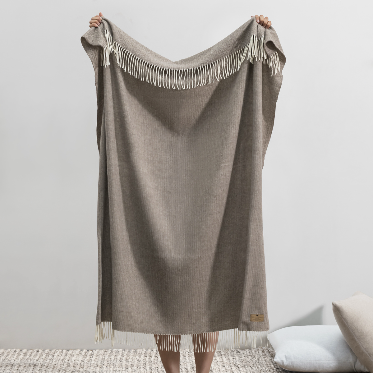 Hanging Lands Downunder Pinstripe Cashmere Throw in Taupe Color