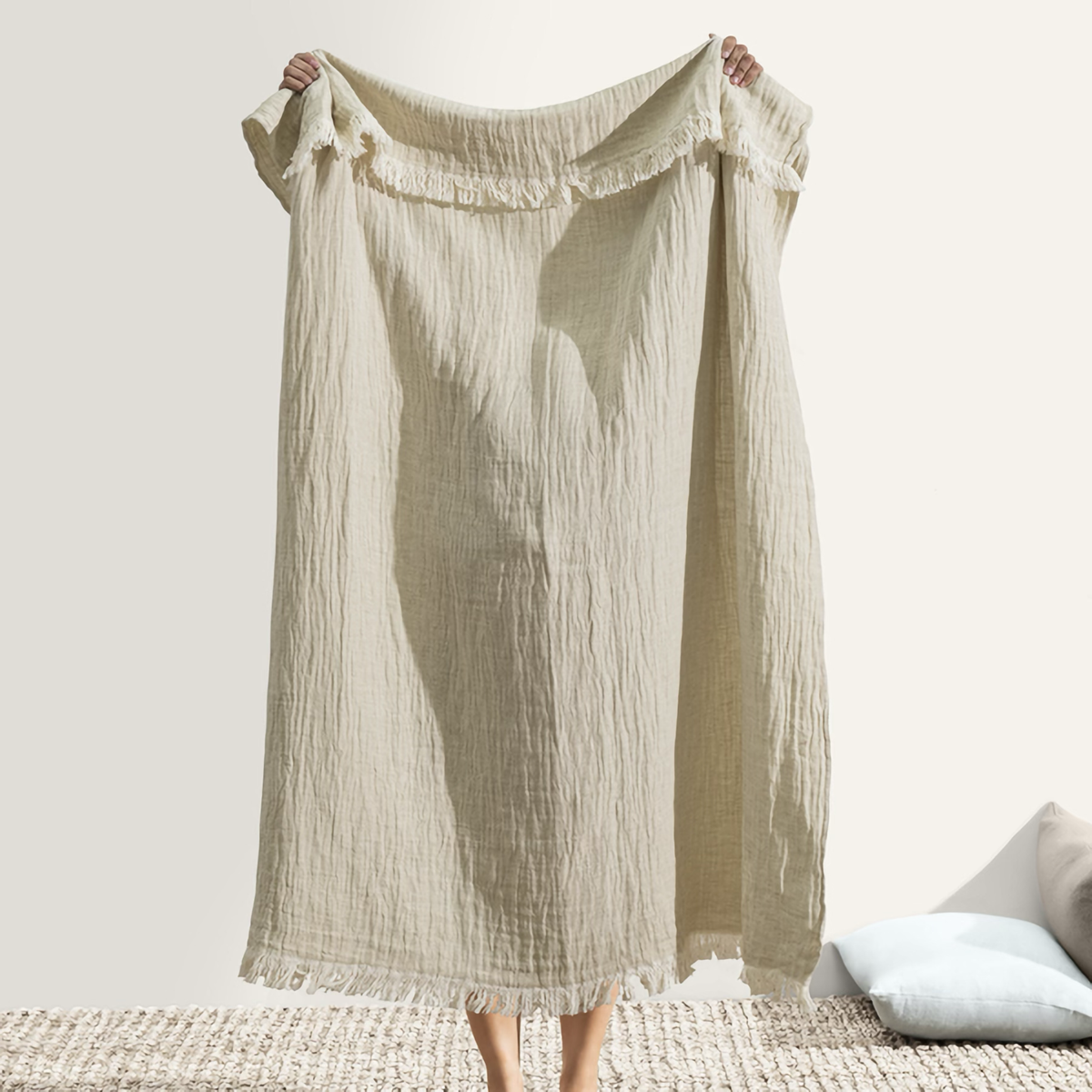 Hanging Lands Downunder Soho Cotton Linen Throw in Dried Sage Color