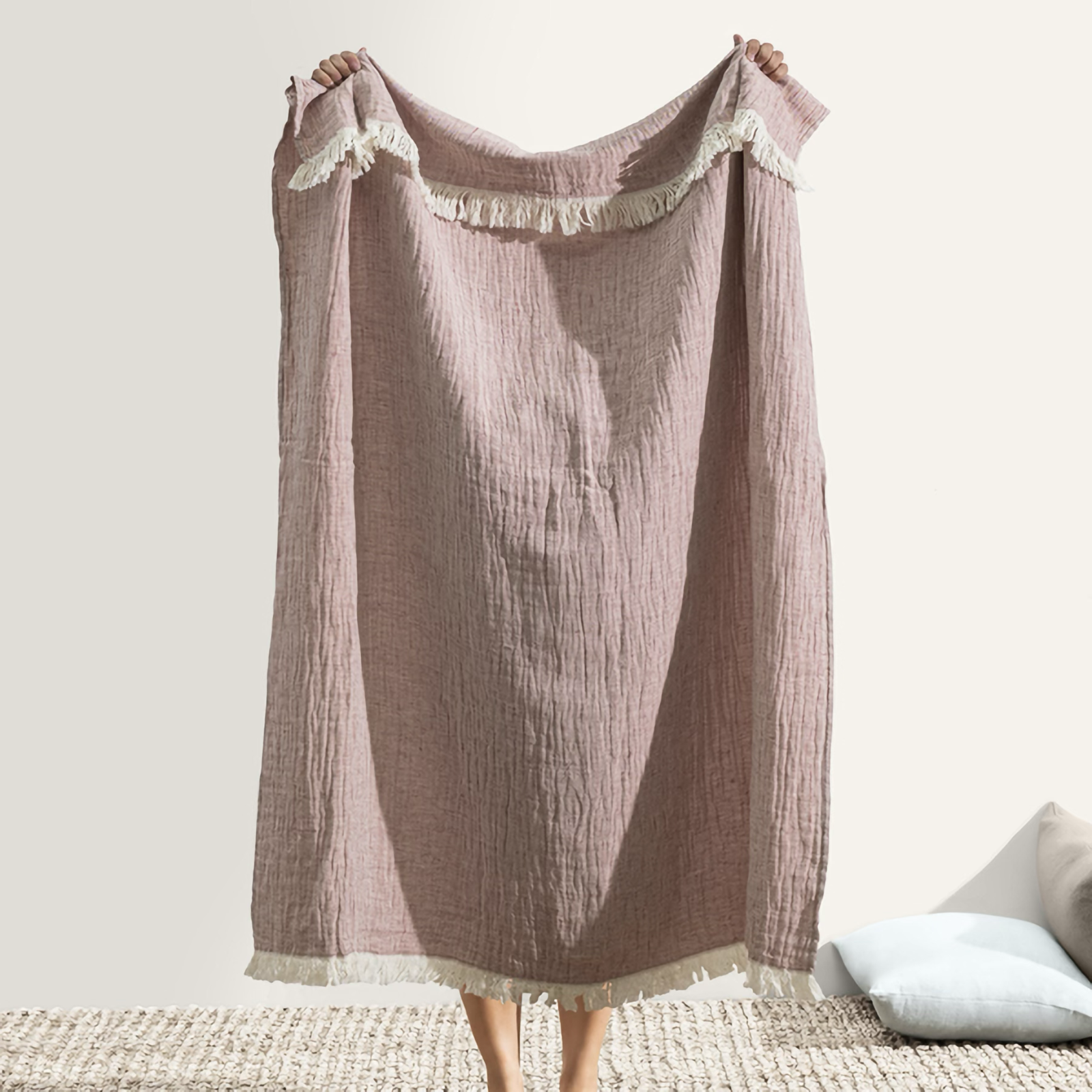 Folded Lands Downunder Soho Cotton Linen Throw in Pomegranate Color