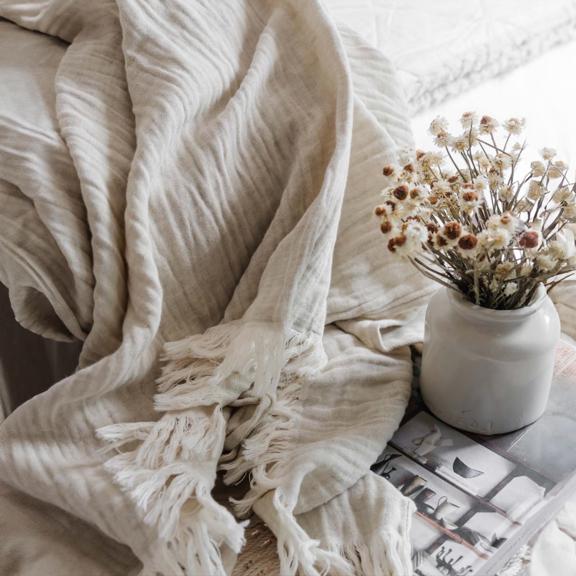 Lifestyle Image of Lands Downunder Soho Cotton/Linen Throw in Natural Color