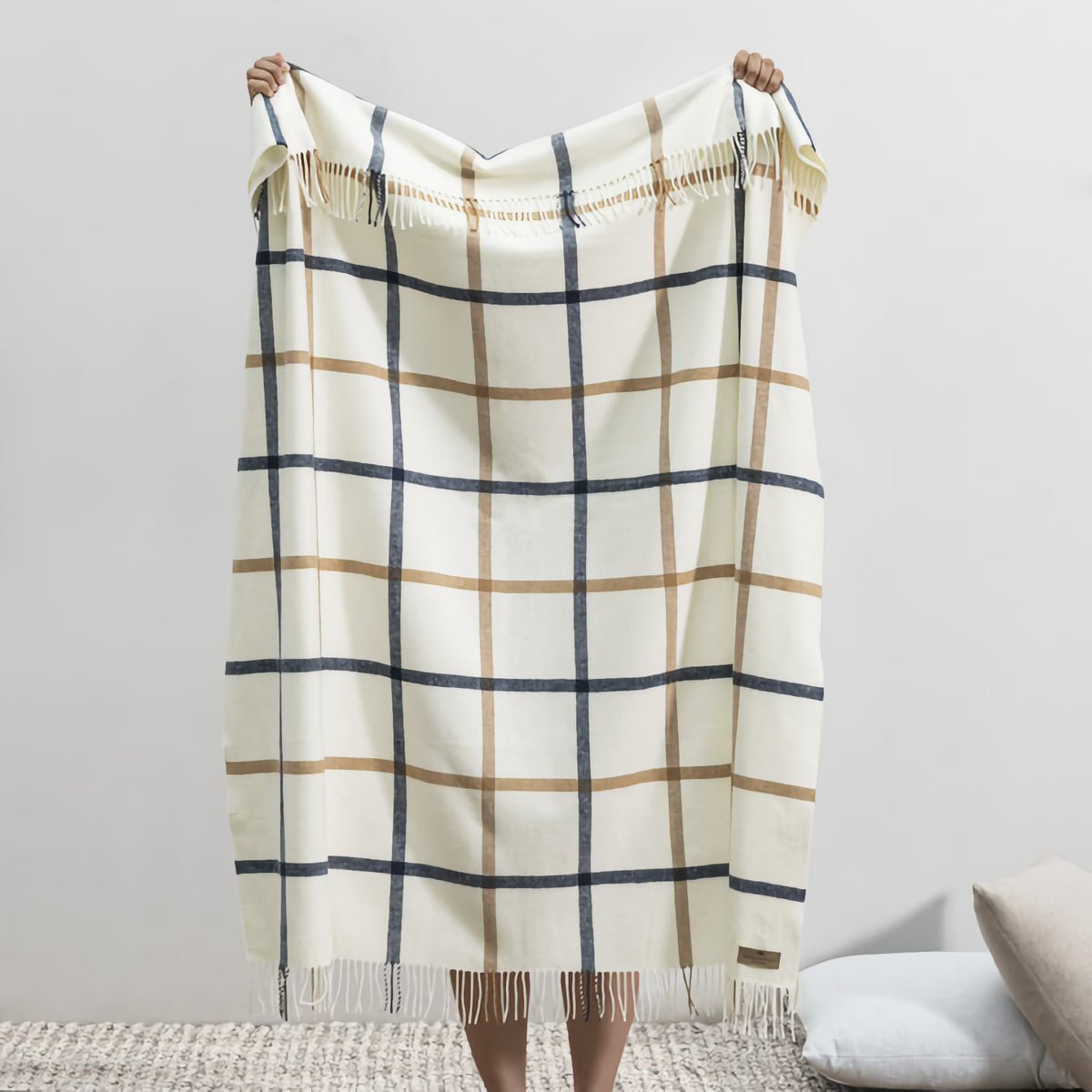 Hanging Lands Downunder Tattersall Plaid Throw in Navy and Caramel color