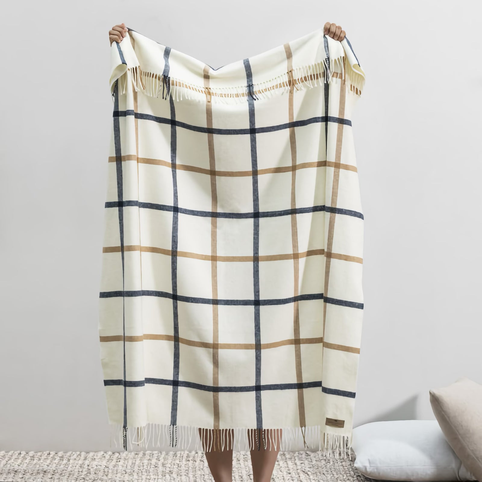 Lands Downunder Tattersall Plaid Throw in Navy and Caramel color