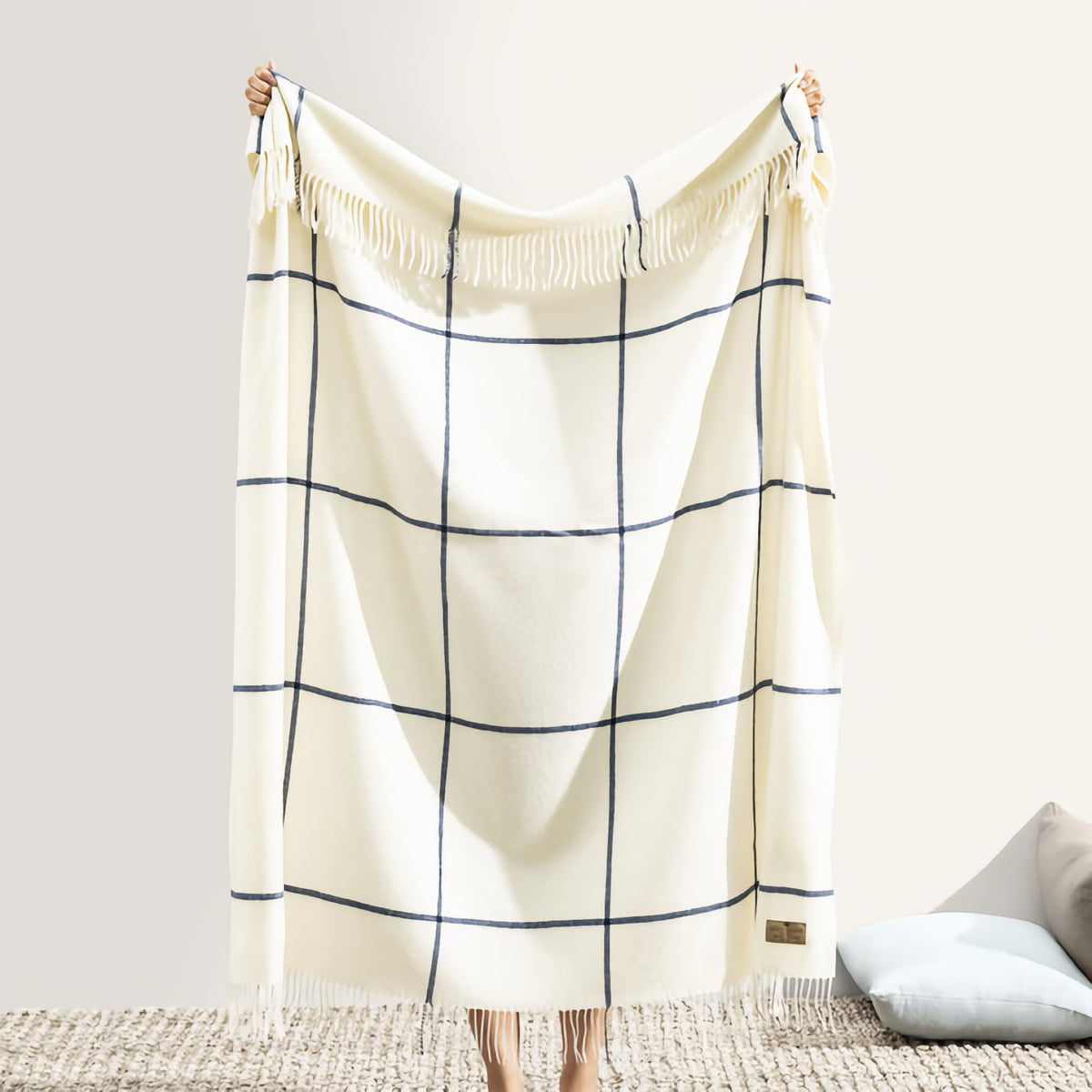 Hanging Lands Downunder Windowpane Cashmere Throw in Ecru and Navy color