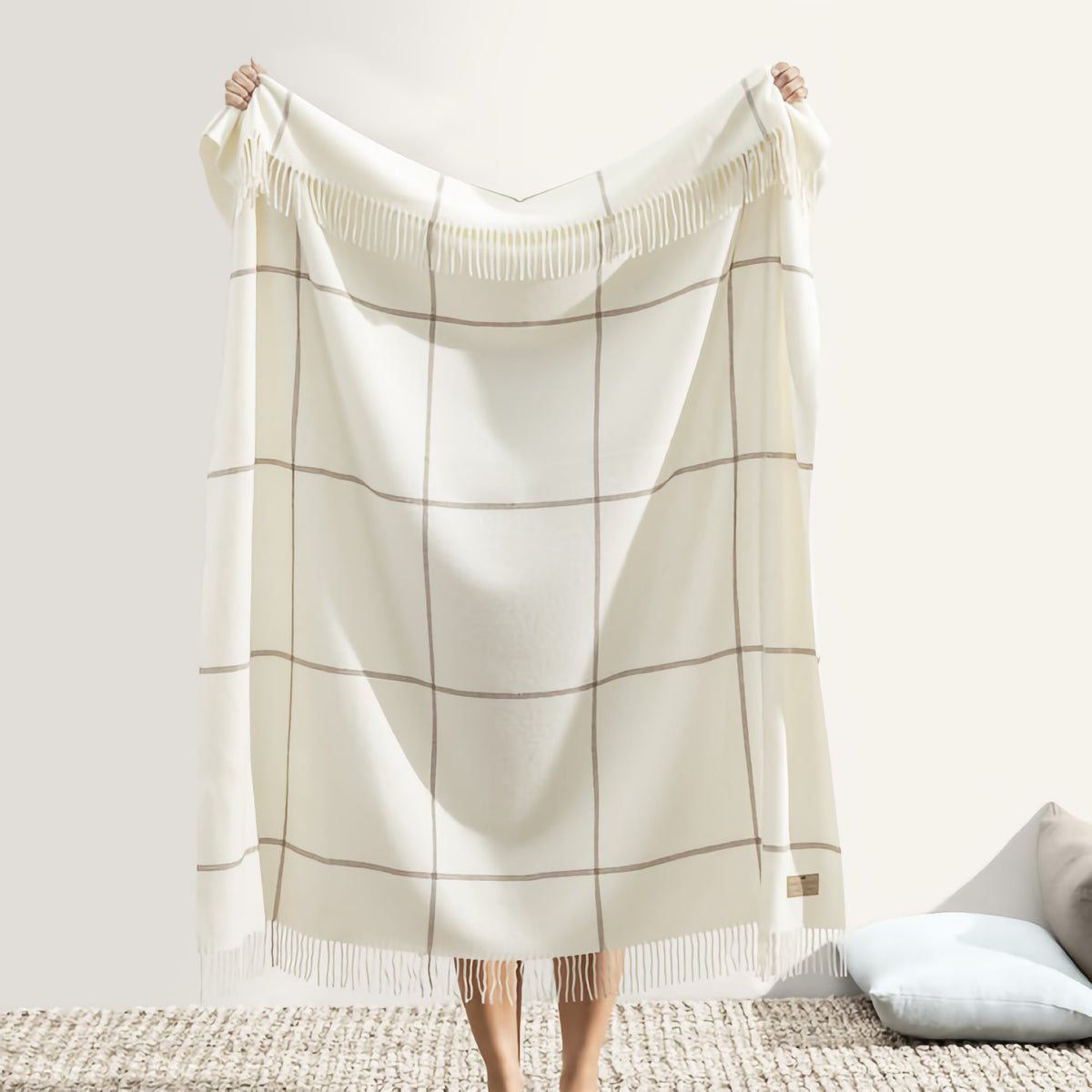 Hanging Lands Downunder Windowpane Cashmere Throw in Ecru and Taupe color