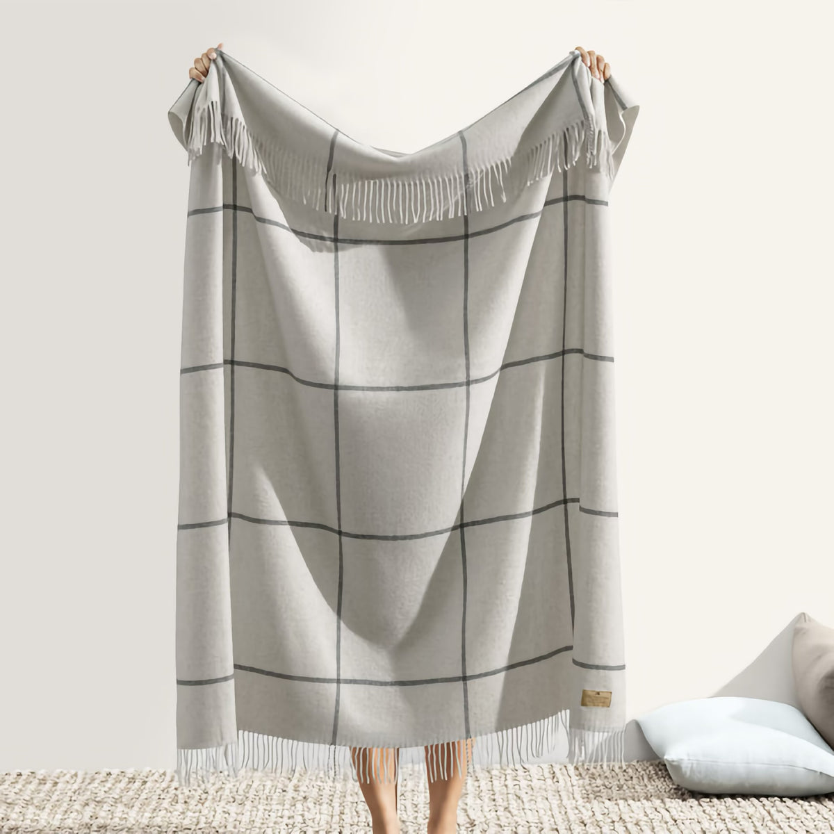 Hanging Lands Downunder Windowpane Cashmere Throw in Light Gray color
