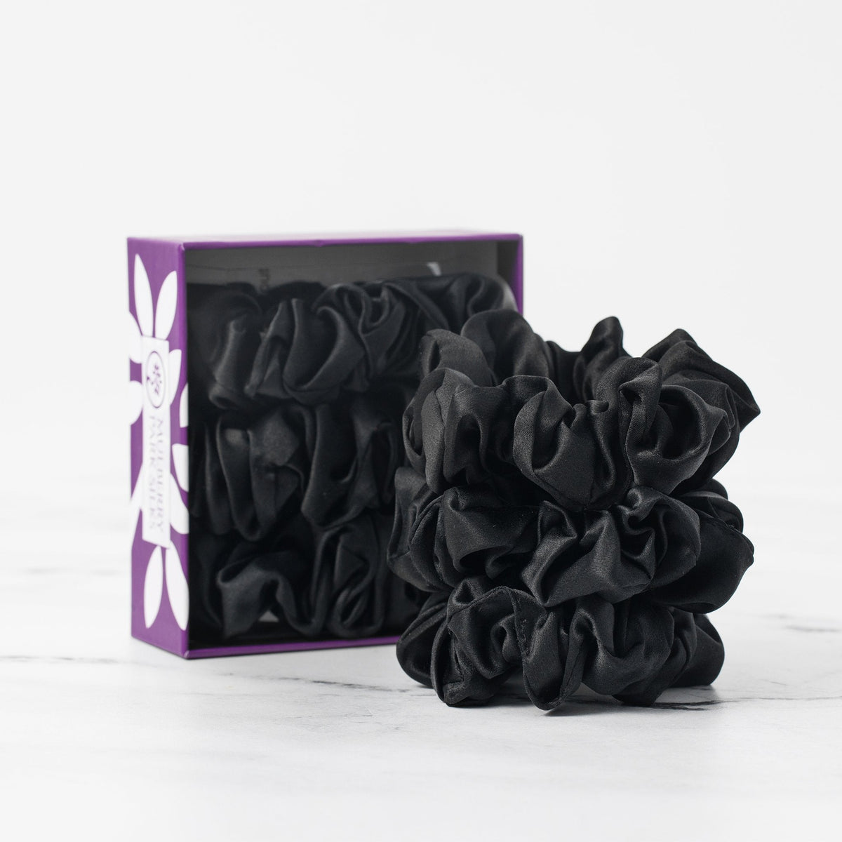  Mulberry Park Silks Silk Scrunchies - Midnight Black - Pure Mulberry Silk Large in Box