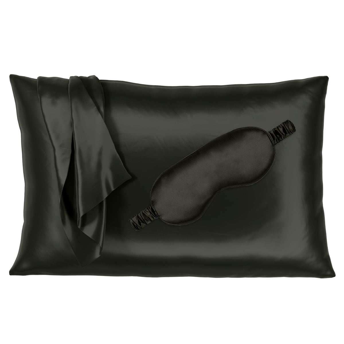Black silk pillowcase with matching sleep mask, offering a smooth and luxurious