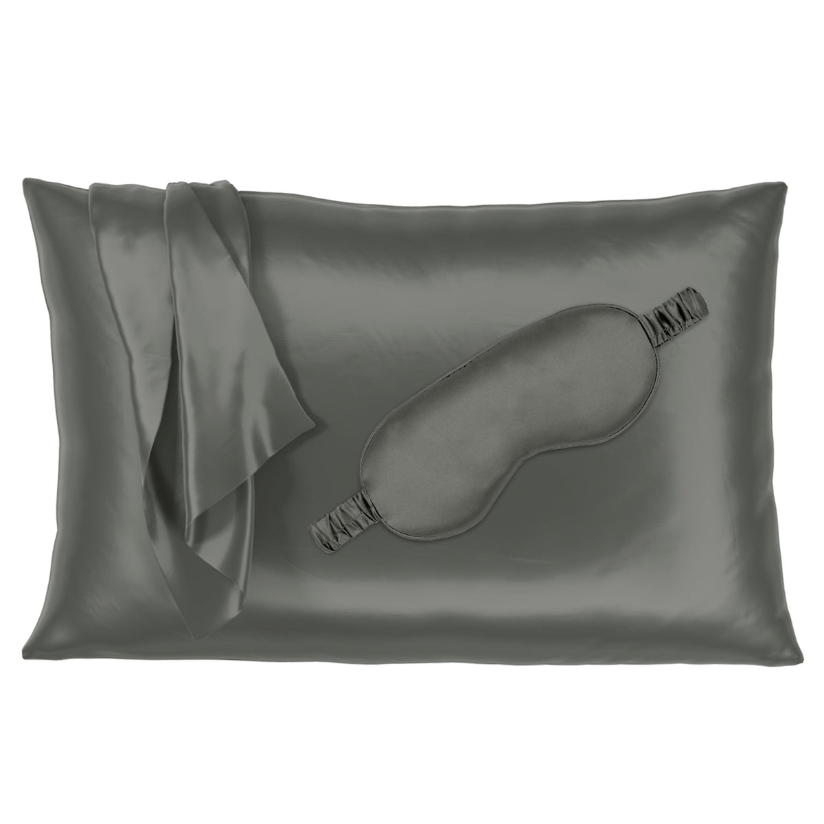 Gunmetal silk pillowcase with matching sleep mask, offering a smooth and luxurious