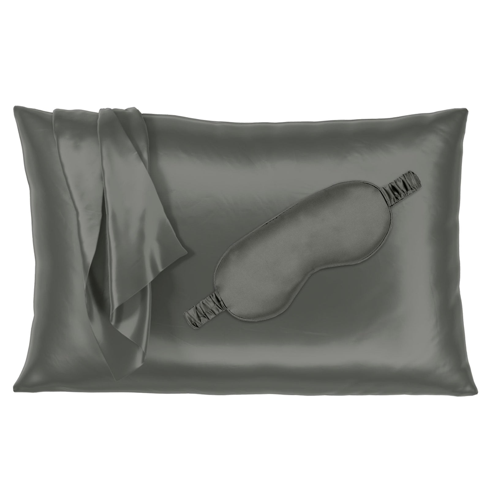 Gunmetal silk pillowcase with matching sleep mask, offering a smooth and luxurious