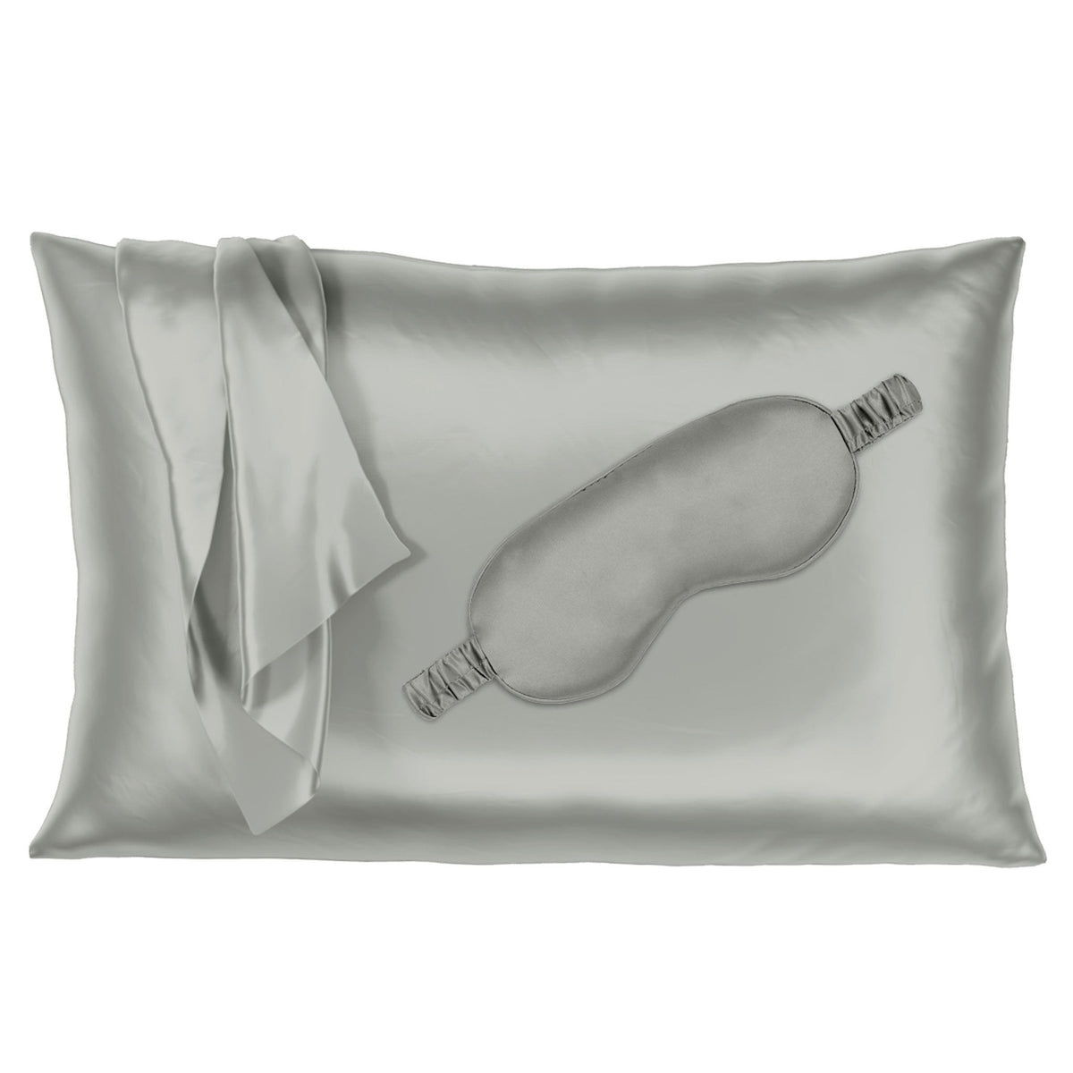 Silver silk pillowcase with matching sleep mask, offering a smooth and luxurious