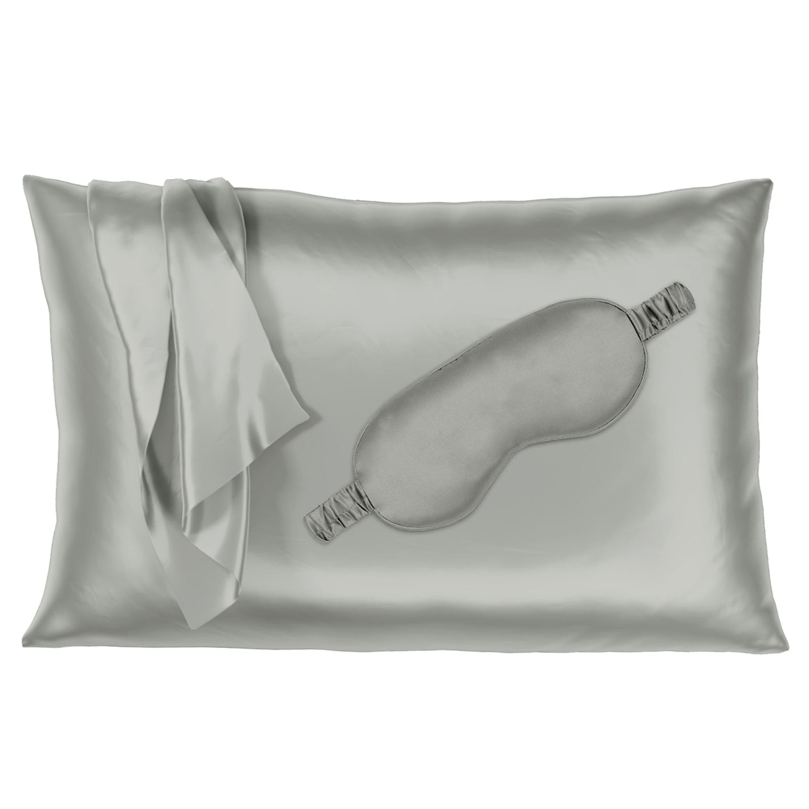 Silver silk pillowcase with matching sleep mask, offering a smooth and luxurious