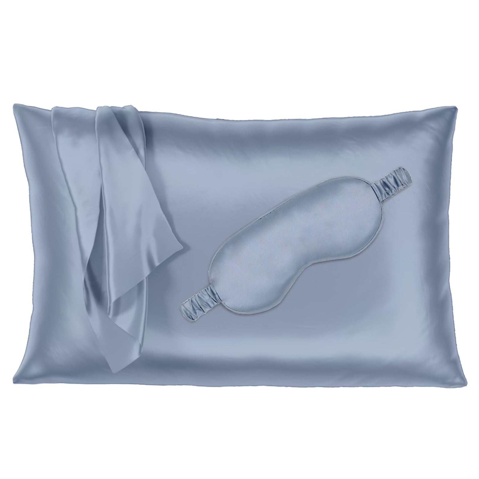 Steel blue silk pillowcase with matching sleep mask, offering a smooth and luxurious