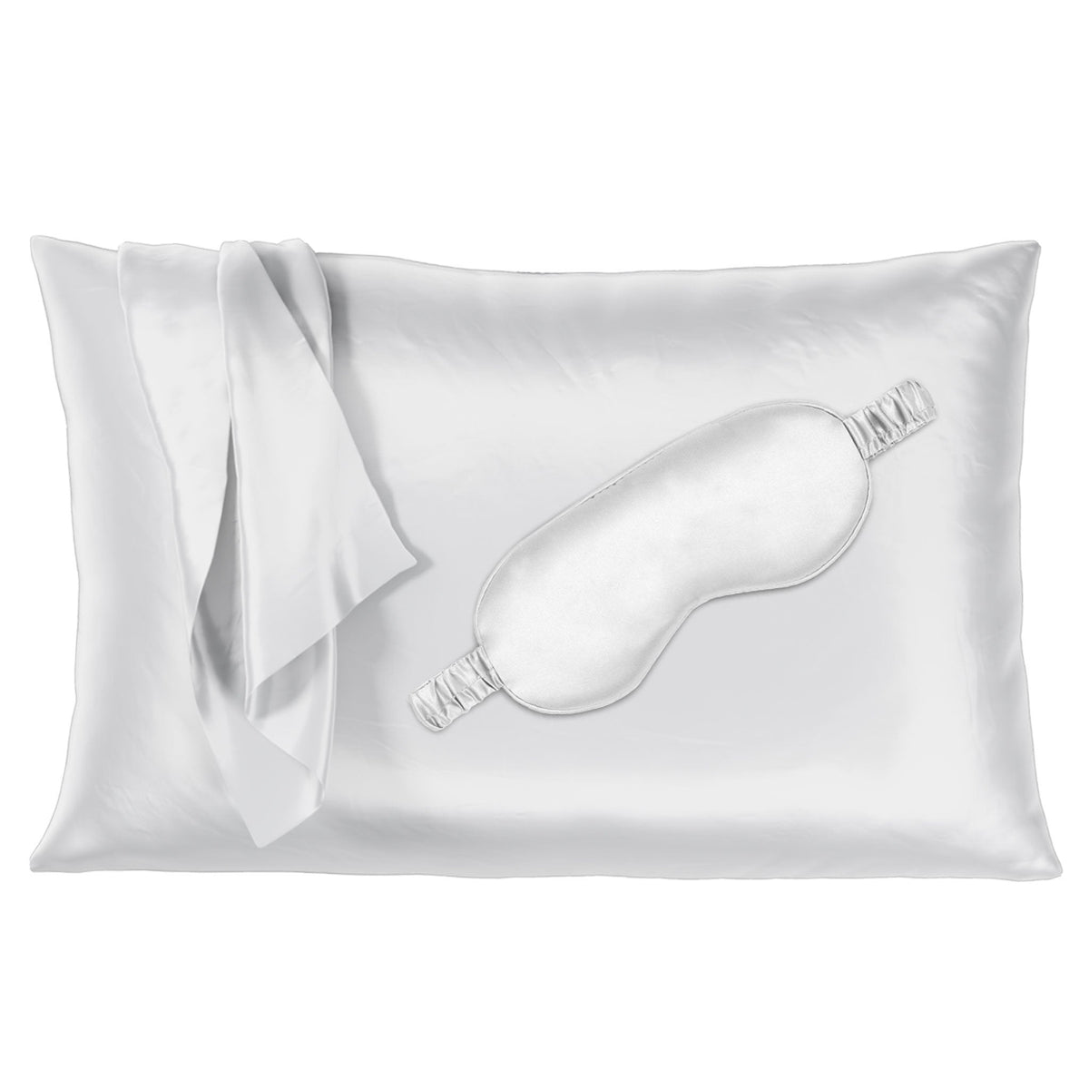 White silk pillowcase with matching sleep mask, offering a smooth and luxurious