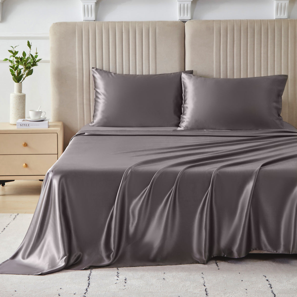Gunmetal Silk Pillowcase with a Smooth, Glossy Finish, Placed on the Headboard Bed