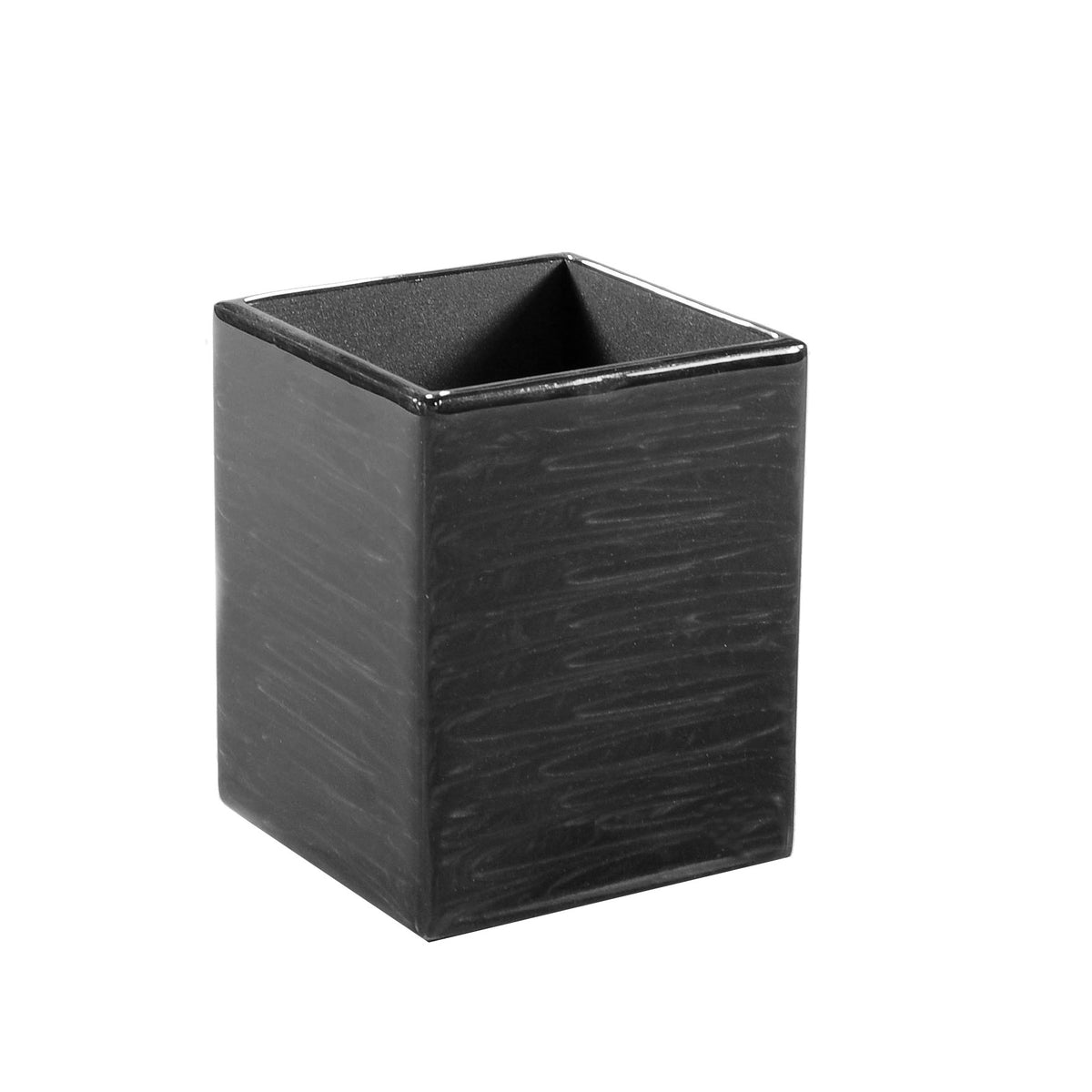 A Charcoal, square, ceramic container with a matte finish—a custom handmade piece for bath accessories.