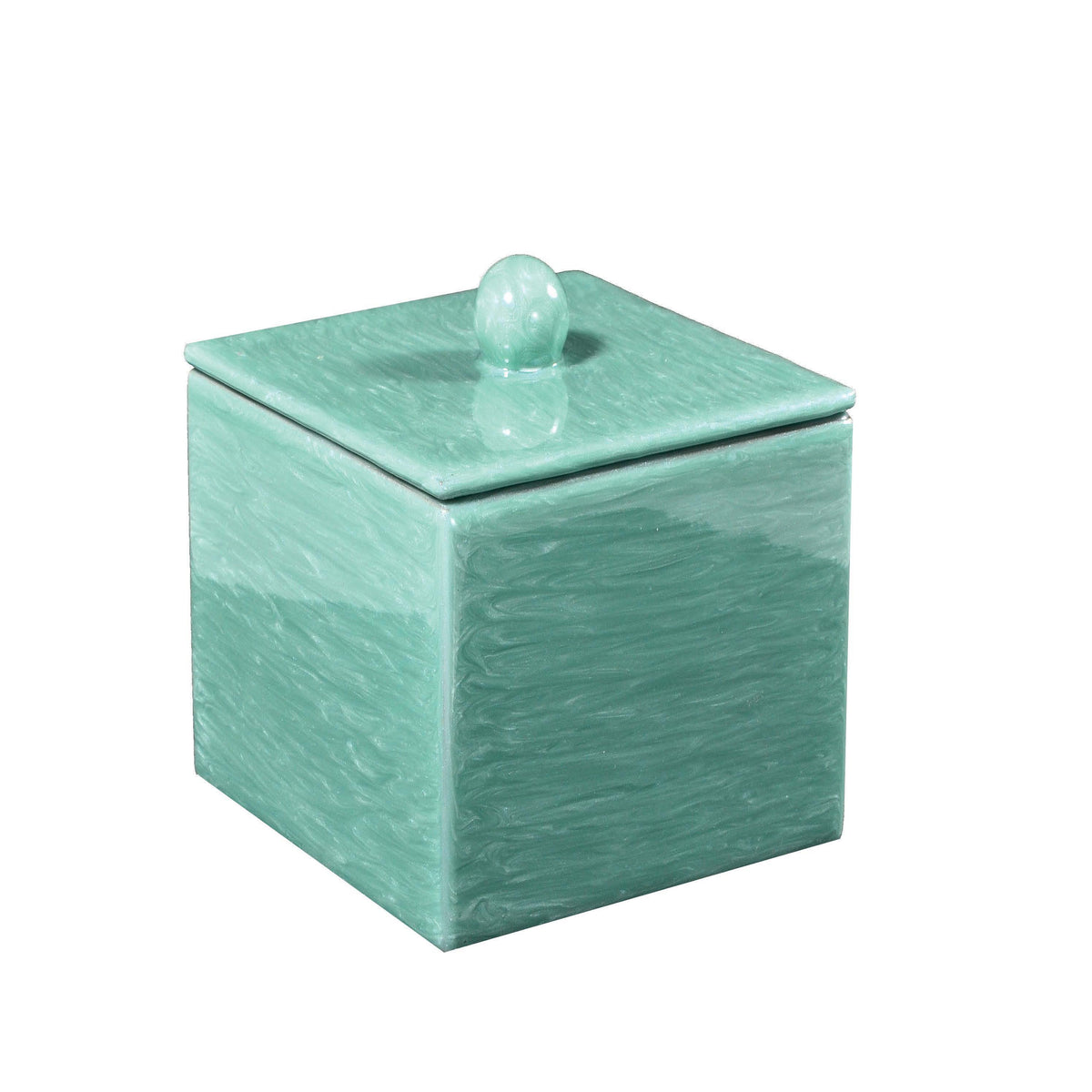 A square, green ceramic box with a matching lid and round handle—perfect for custom vanity collection bath accessories.