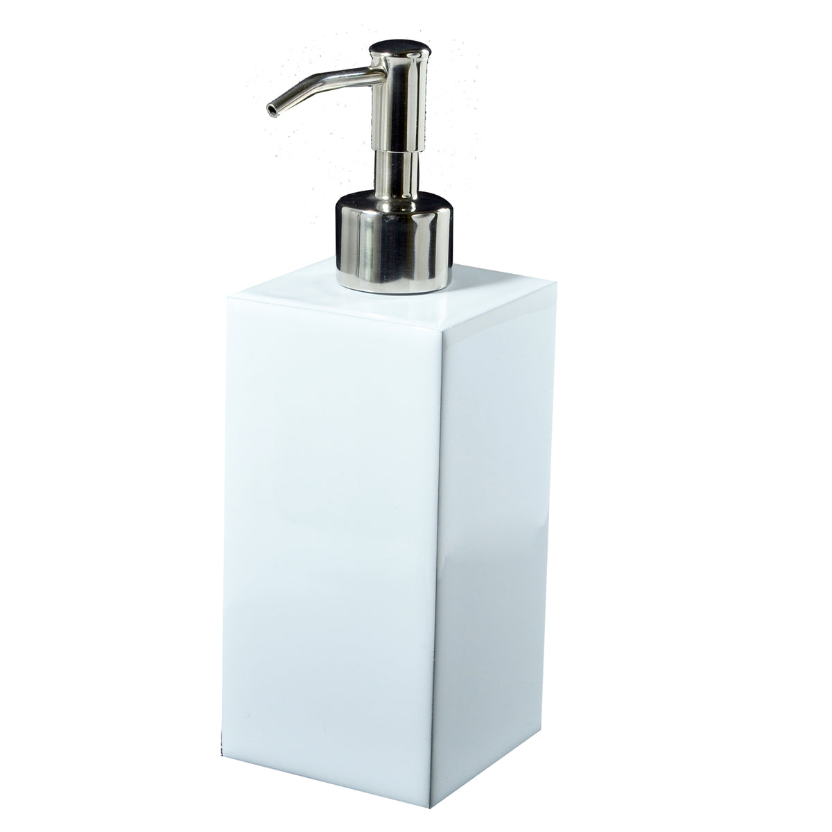 White soap dispenser with silver pump on a white background