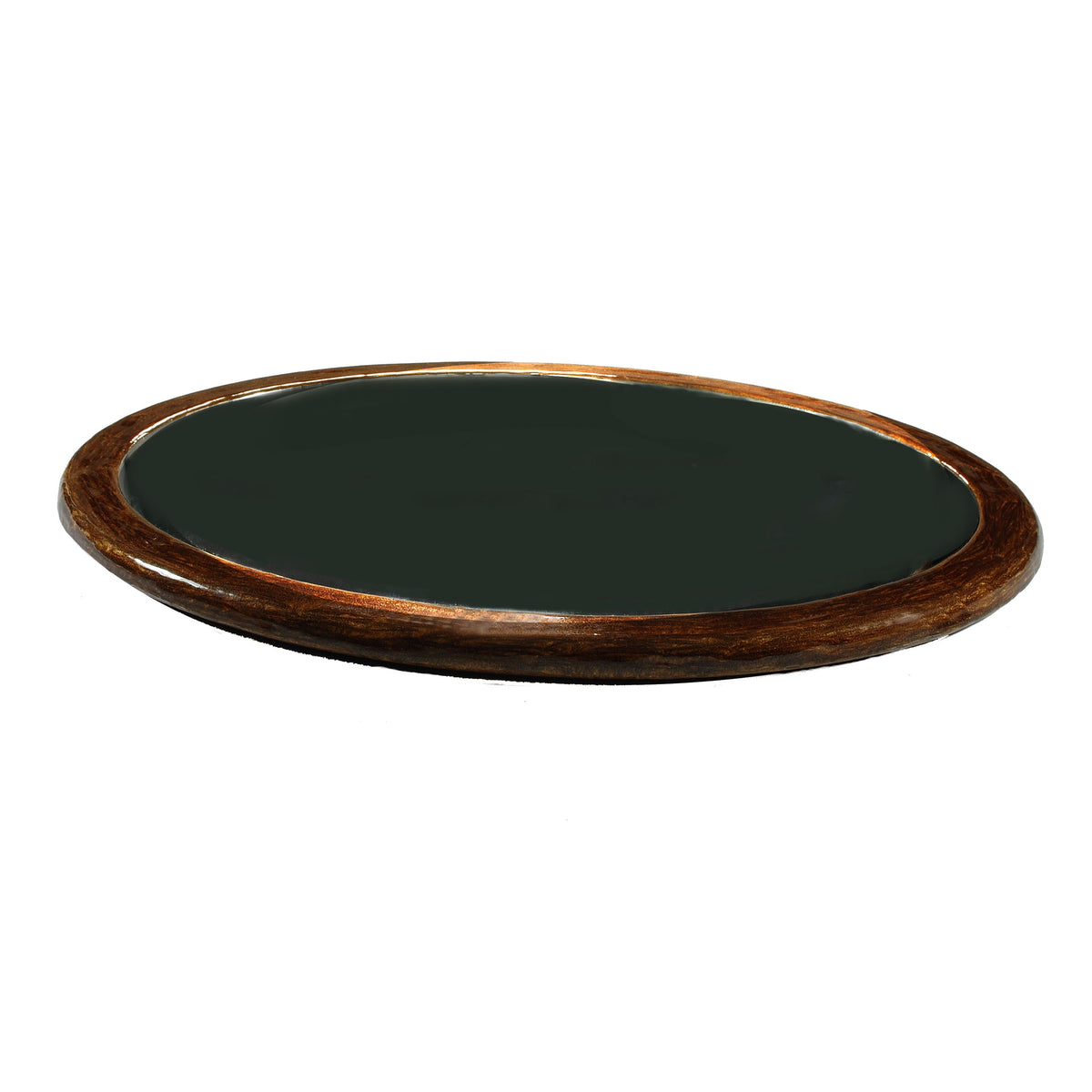 A round, dark green tray from the Mike and Ally Essentials enamel vanity collection, with a wooden rim.