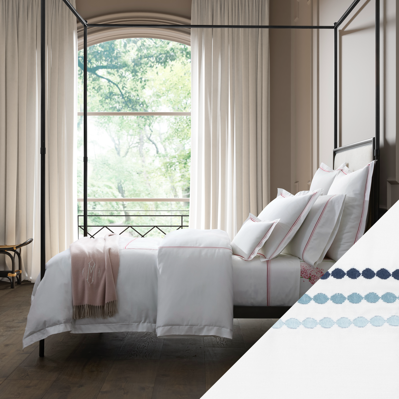 Side view of Bed in Matouk Amara Triple Pearl Bedding Collection with Sailor Blue Swatch