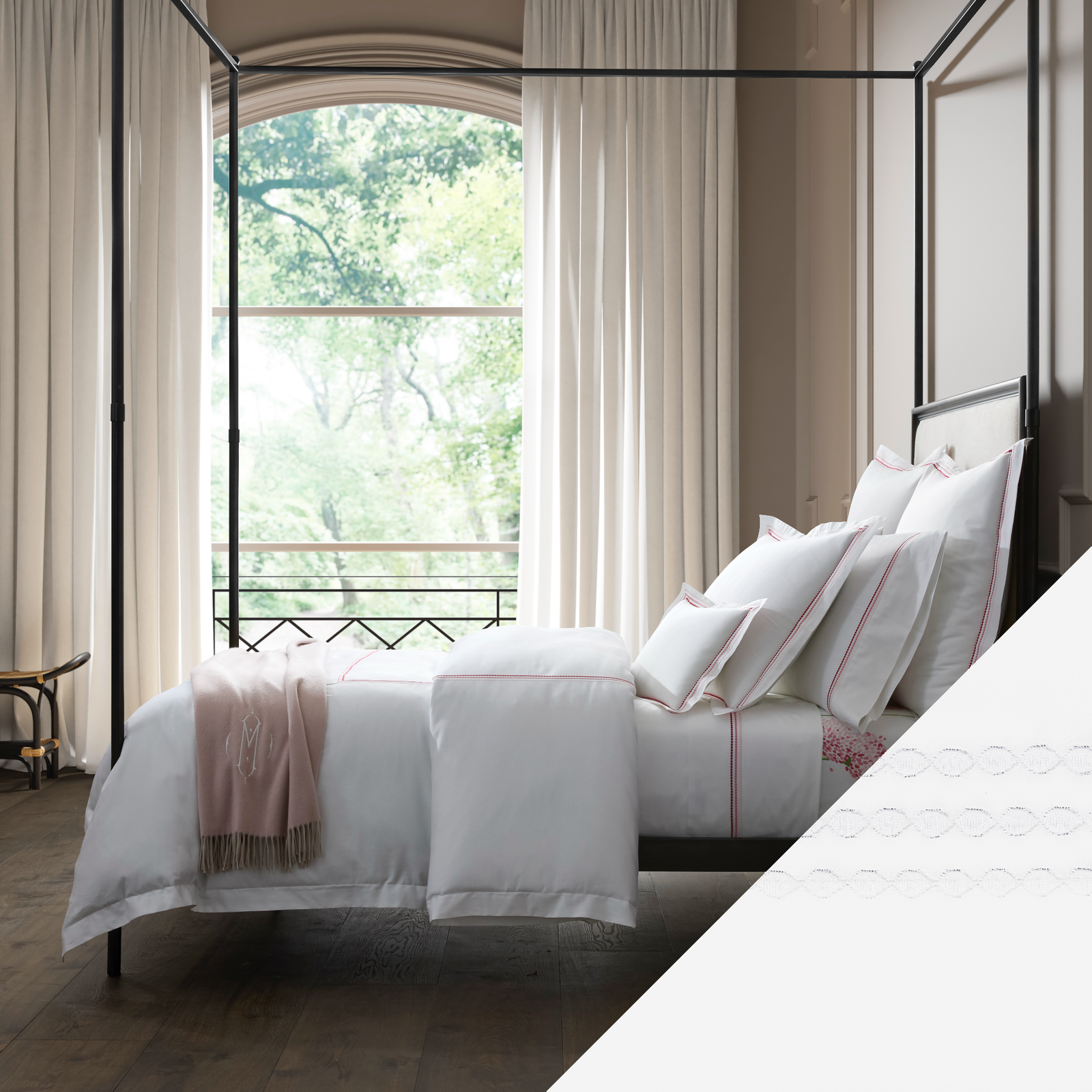 Side view of Bed in Matouk Amara Triple Pearl Bedding Collection with White Swatch