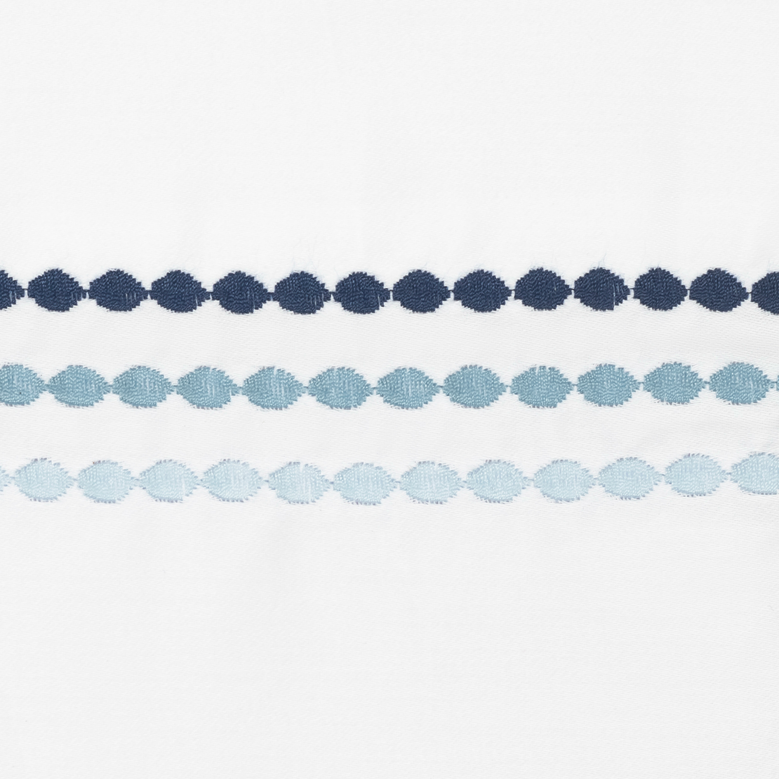 Side view of Bed in Matouk Amara Triple Pearl Bedding Collection with Sailor Blue Swatch